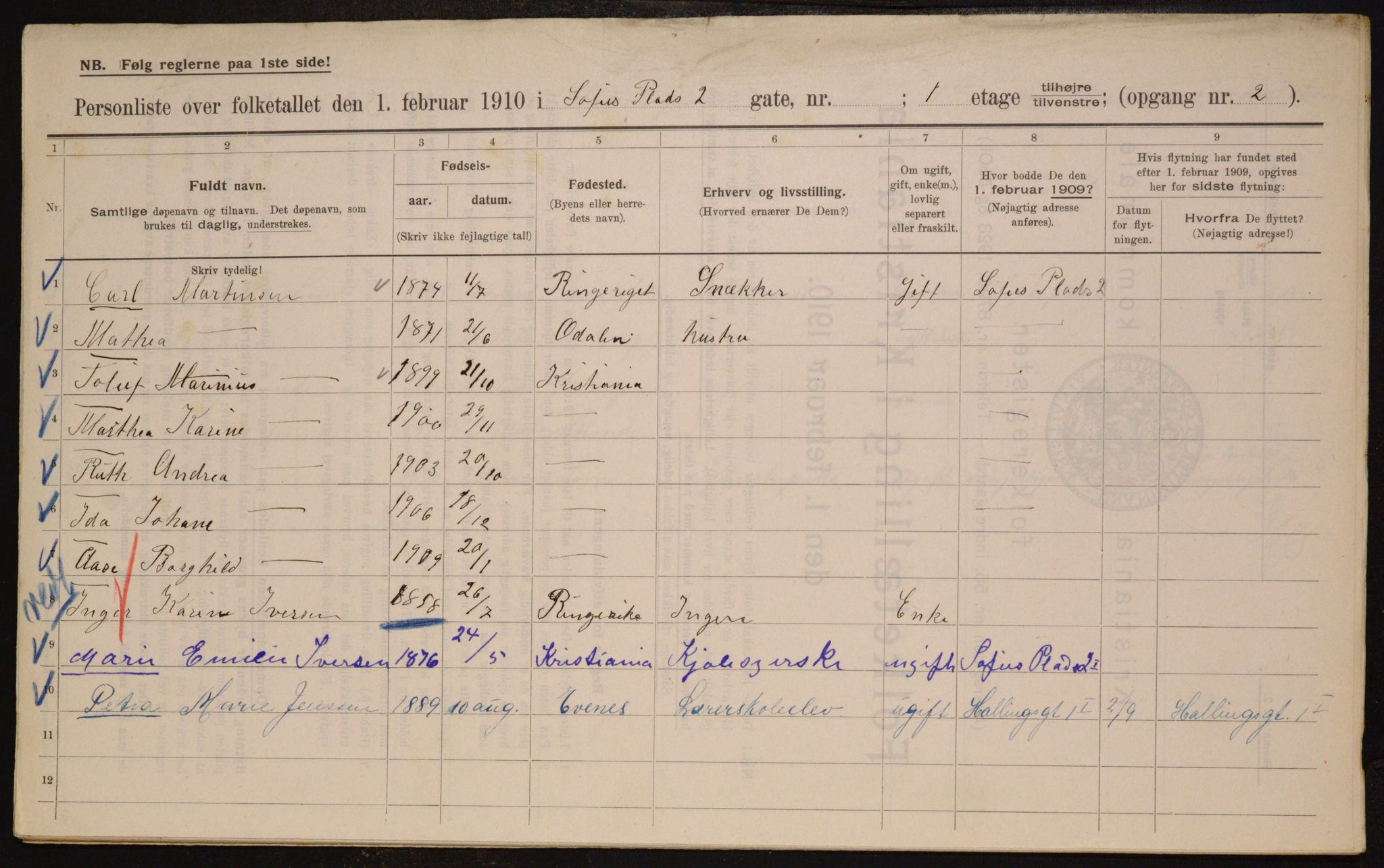 OBA, Kommunal folketelling 1.2.1910 for Kristiania, 1910, s. 94695