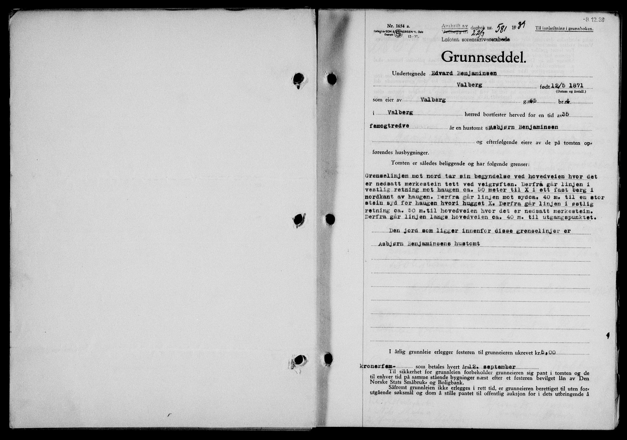 Lofoten sorenskriveri, SAT/A-0017/1/2/2C/L0005a: Pantebok nr. 5a, 1939-1939, Dagboknr: 581/1939