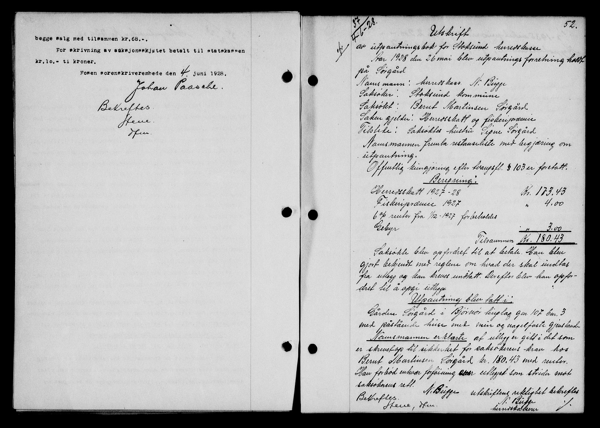 Fosen sorenskriveri, AV/SAT-A-1107/1/2/2C/L0067: Pantebok nr. 58, 1928-1929, s. 52, Tingl.dato: 04.06.1928
