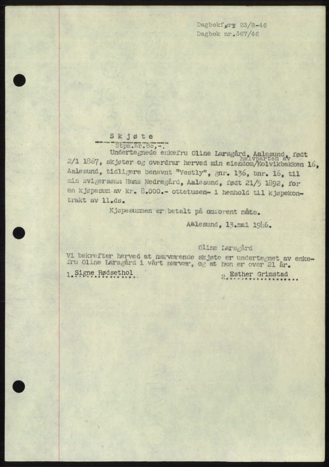 Ålesund byfogd, SAT/A-4384: Pantebok nr. 36b, 1946-1947, Dagboknr: 367/1946
