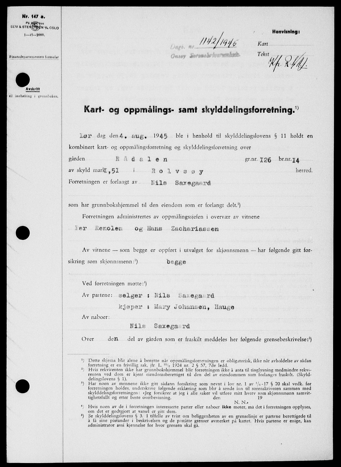 Onsøy sorenskriveri, SAO/A-10474/G/Ga/Gab/L0014: Pantebok nr. II A-14, 1944-1945, Dagboknr: 1142/1945