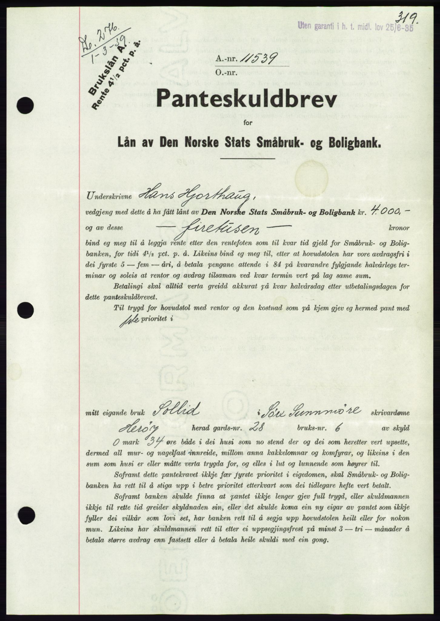 Søre Sunnmøre sorenskriveri, AV/SAT-A-4122/1/2/2C/L0067: Pantebok nr. 61, 1938-1939, Dagboknr: 276/1939