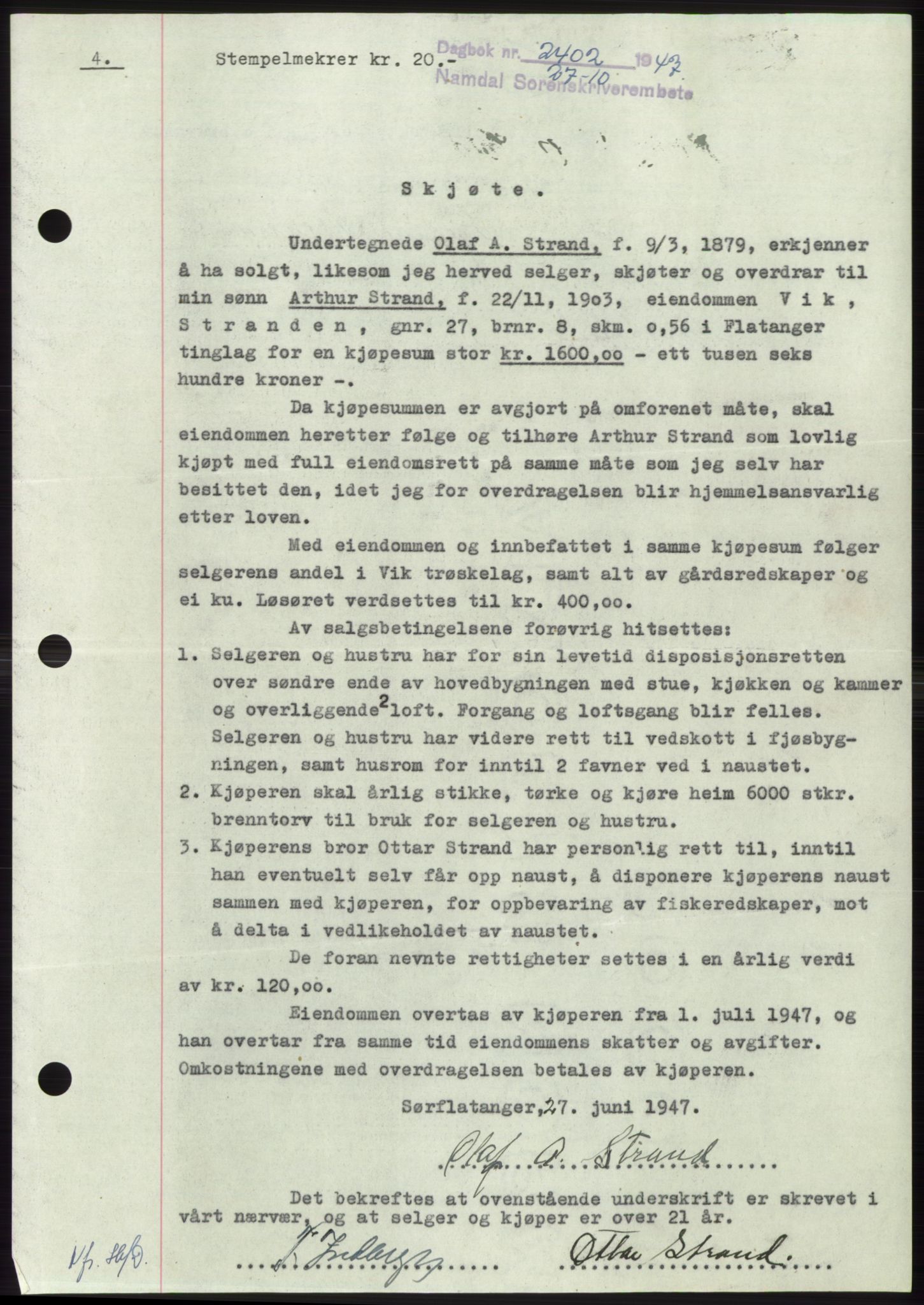 Namdal sorenskriveri, SAT/A-4133/1/2/2C: Pantebok nr. -, 1947-1947, Dagboknr: 2402/1947