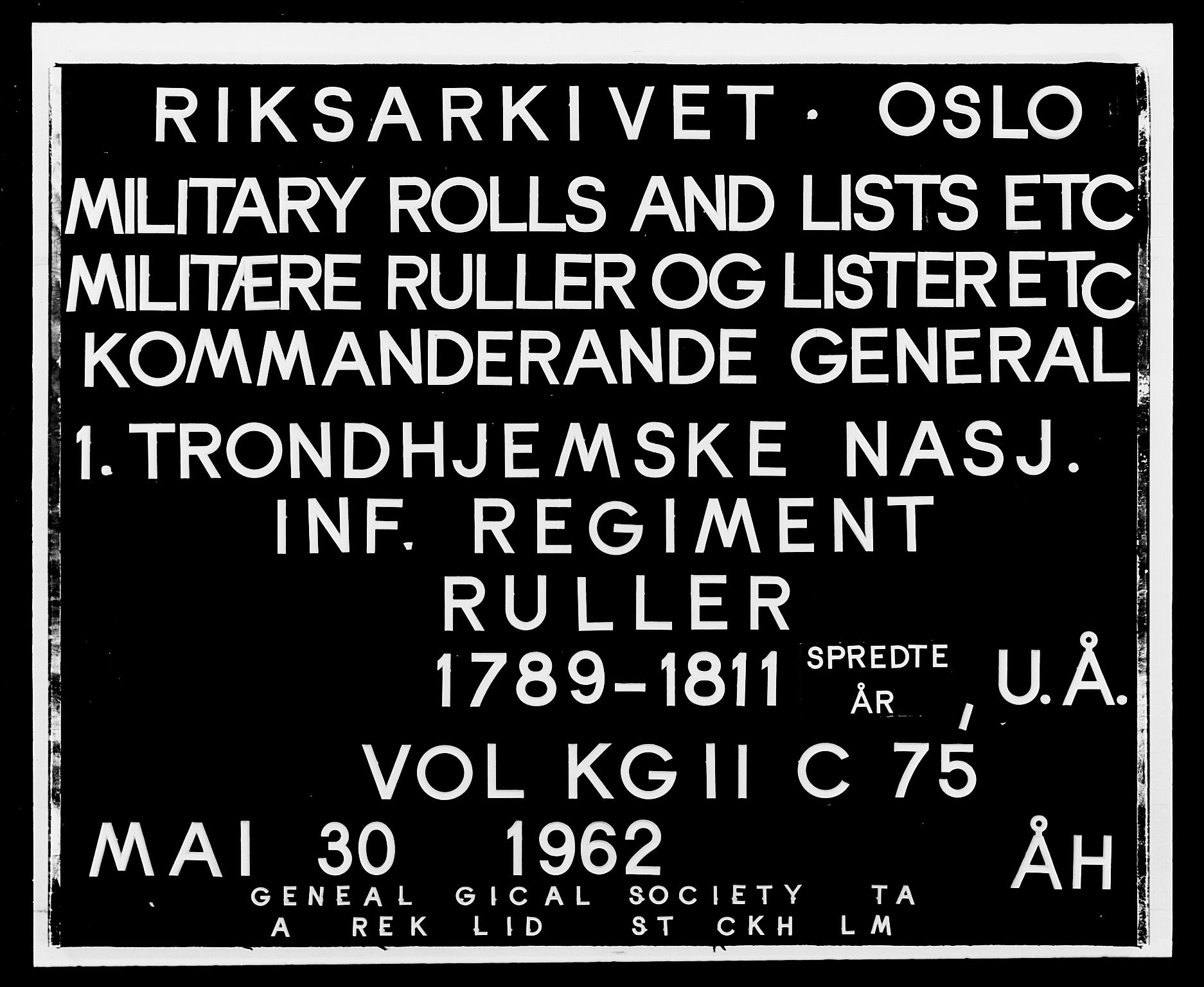 Generalitets- og kommissariatskollegiet, Det kongelige norske kommissariatskollegium, RA/EA-5420/E/Eh/L0075a: 1. Trondheimske nasjonale infanteriregiment, 1789-1811, s. 1