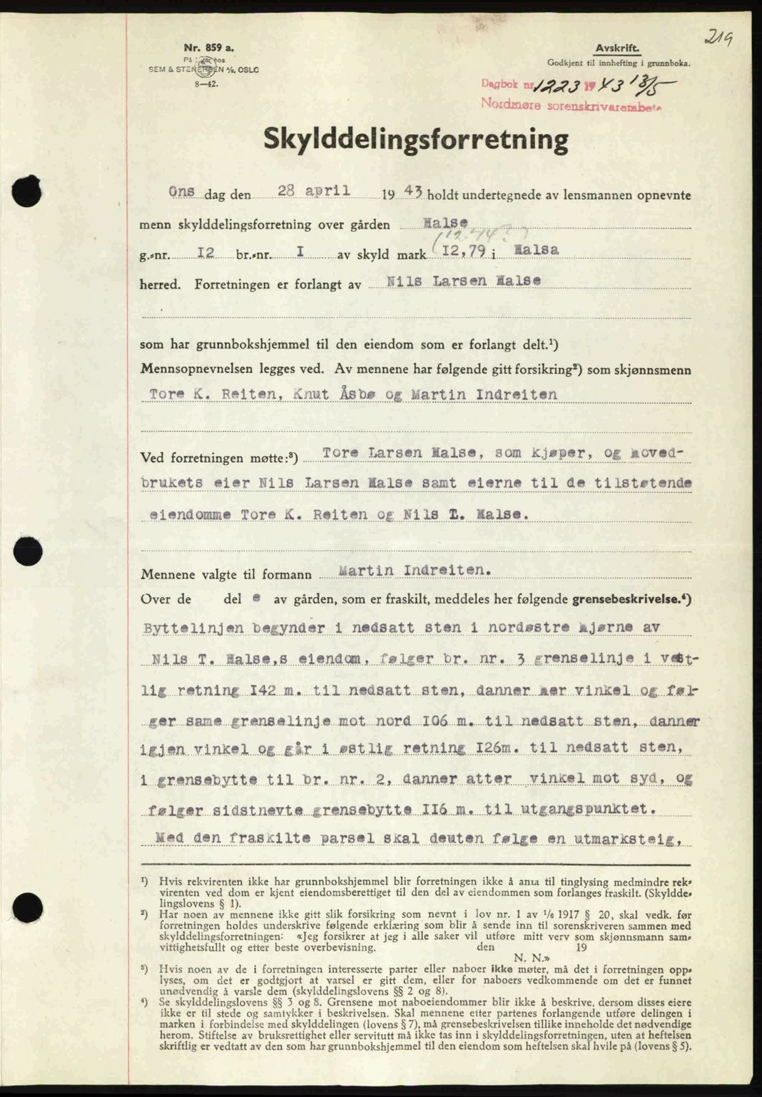 Nordmøre sorenskriveri, AV/SAT-A-4132/1/2/2Ca: Pantebok nr. A95, 1943-1943, Dagboknr: 1223/1943