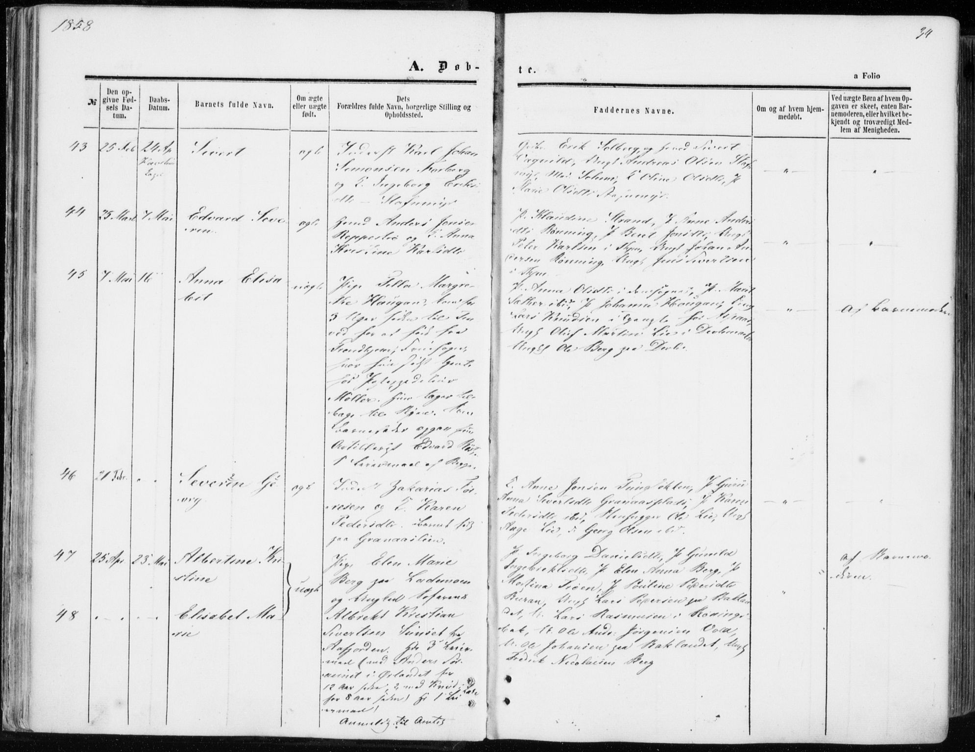 Ministerialprotokoller, klokkerbøker og fødselsregistre - Sør-Trøndelag, SAT/A-1456/606/L0292: Ministerialbok nr. 606A07, 1856-1865, s. 34