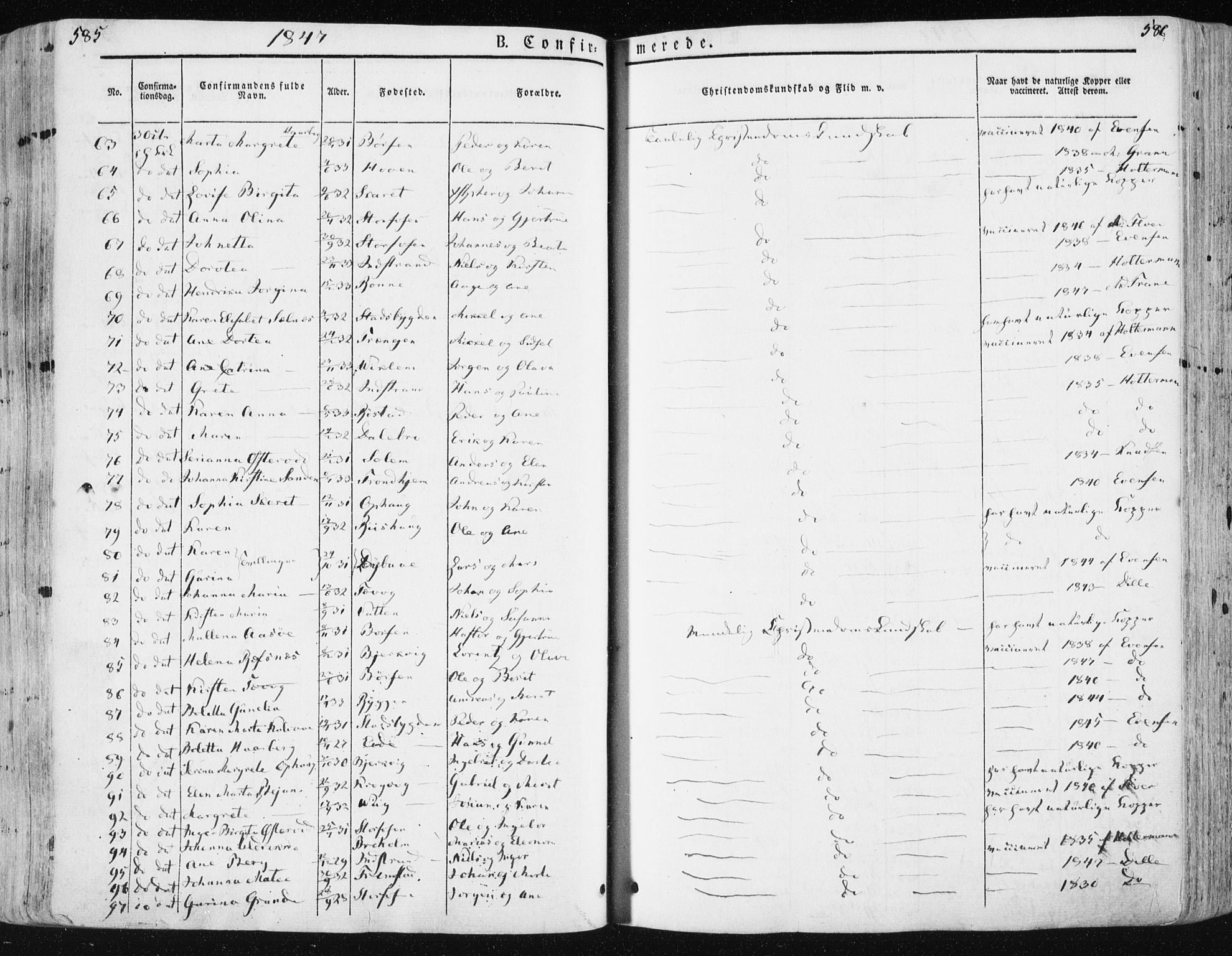 Ministerialprotokoller, klokkerbøker og fødselsregistre - Sør-Trøndelag, SAT/A-1456/659/L0736: Ministerialbok nr. 659A06, 1842-1856, s. 585-586