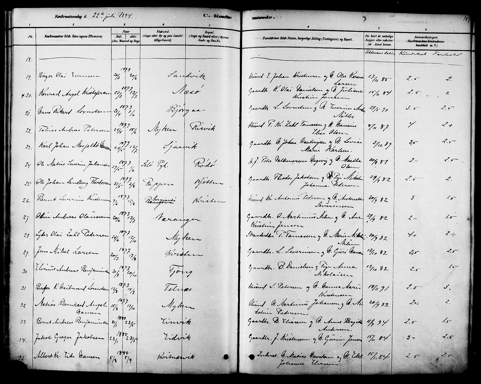 Ministerialprotokoller, klokkerbøker og fødselsregistre - Nordland, AV/SAT-A-1459/841/L0609: Ministerialbok nr. 841A12, 1878-1901, s. 147