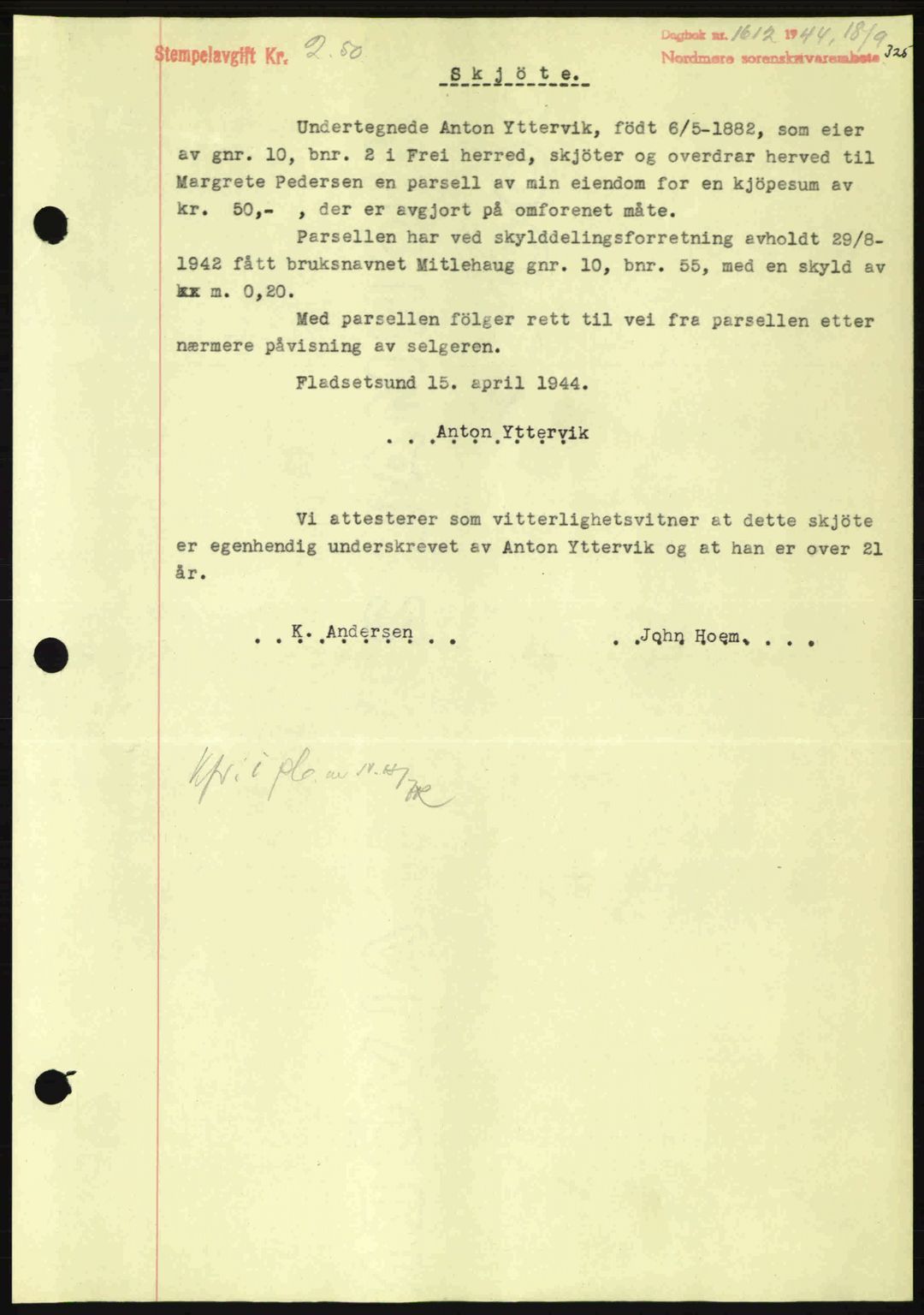 Nordmøre sorenskriveri, SAT/A-4132/1/2/2Ca: Pantebok nr. A98, 1944-1944, Dagboknr: 1612/1944