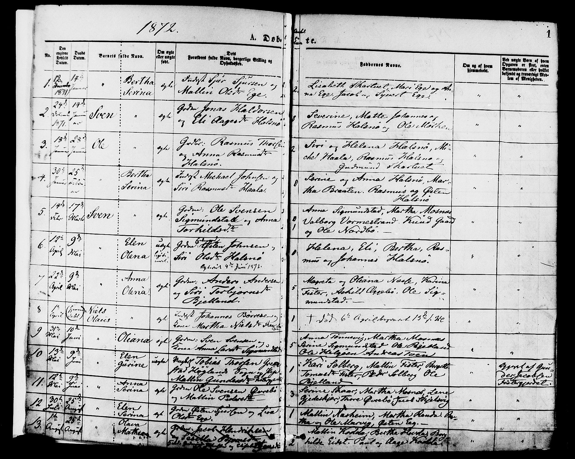 Hjelmeland sokneprestkontor, AV/SAST-A-101843/01/IV/L0013: Ministerialbok nr. A 13, 1872-1886, s. 1