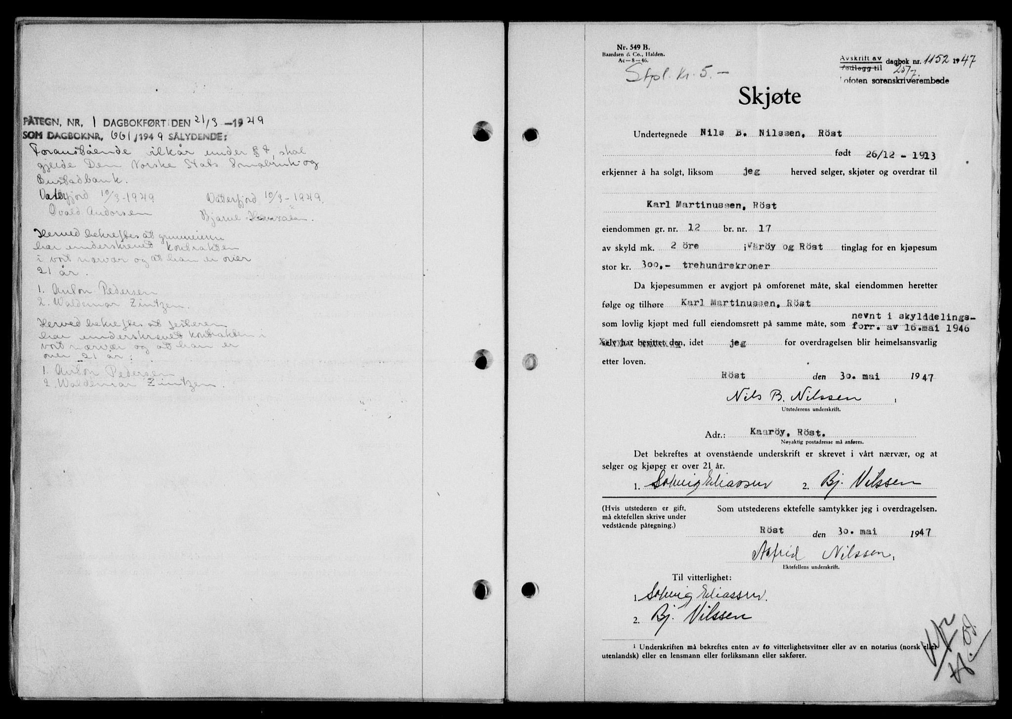 Lofoten sorenskriveri, SAT/A-0017/1/2/2C/L0016a: Pantebok nr. 16a, 1947-1947, Dagboknr: 1152/1947
