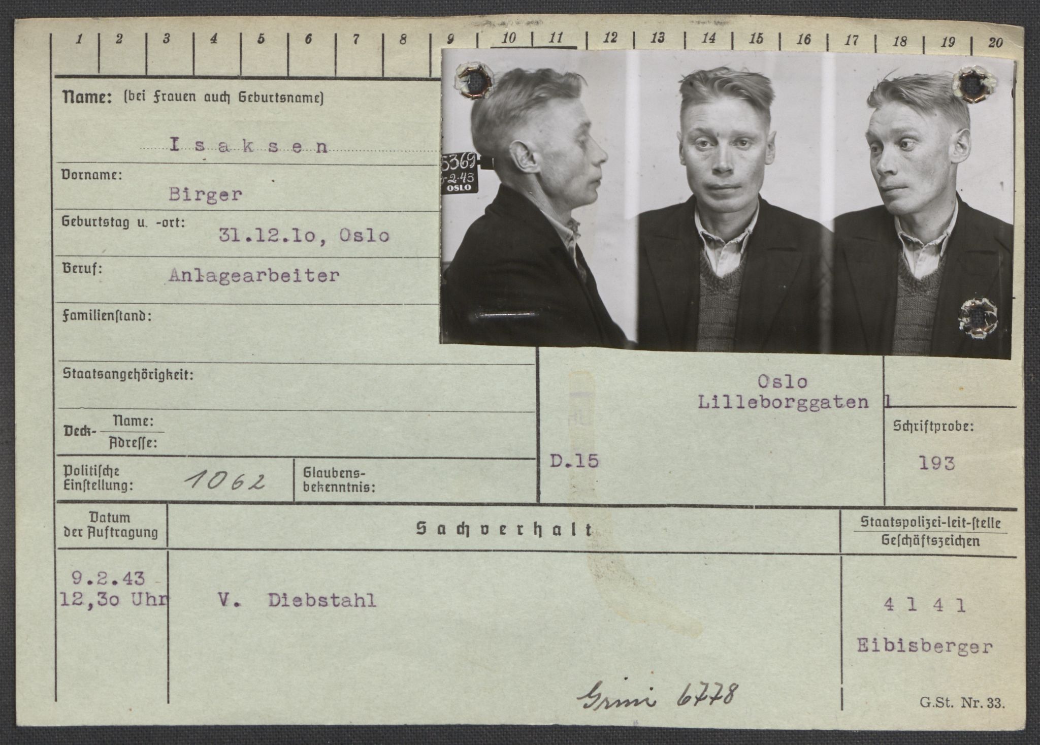 Befehlshaber der Sicherheitspolizei und des SD, AV/RA-RAFA-5969/E/Ea/Eaa/L0005: Register over norske fanger i Møllergata 19: Hø-Kj, 1940-1945, s. 177