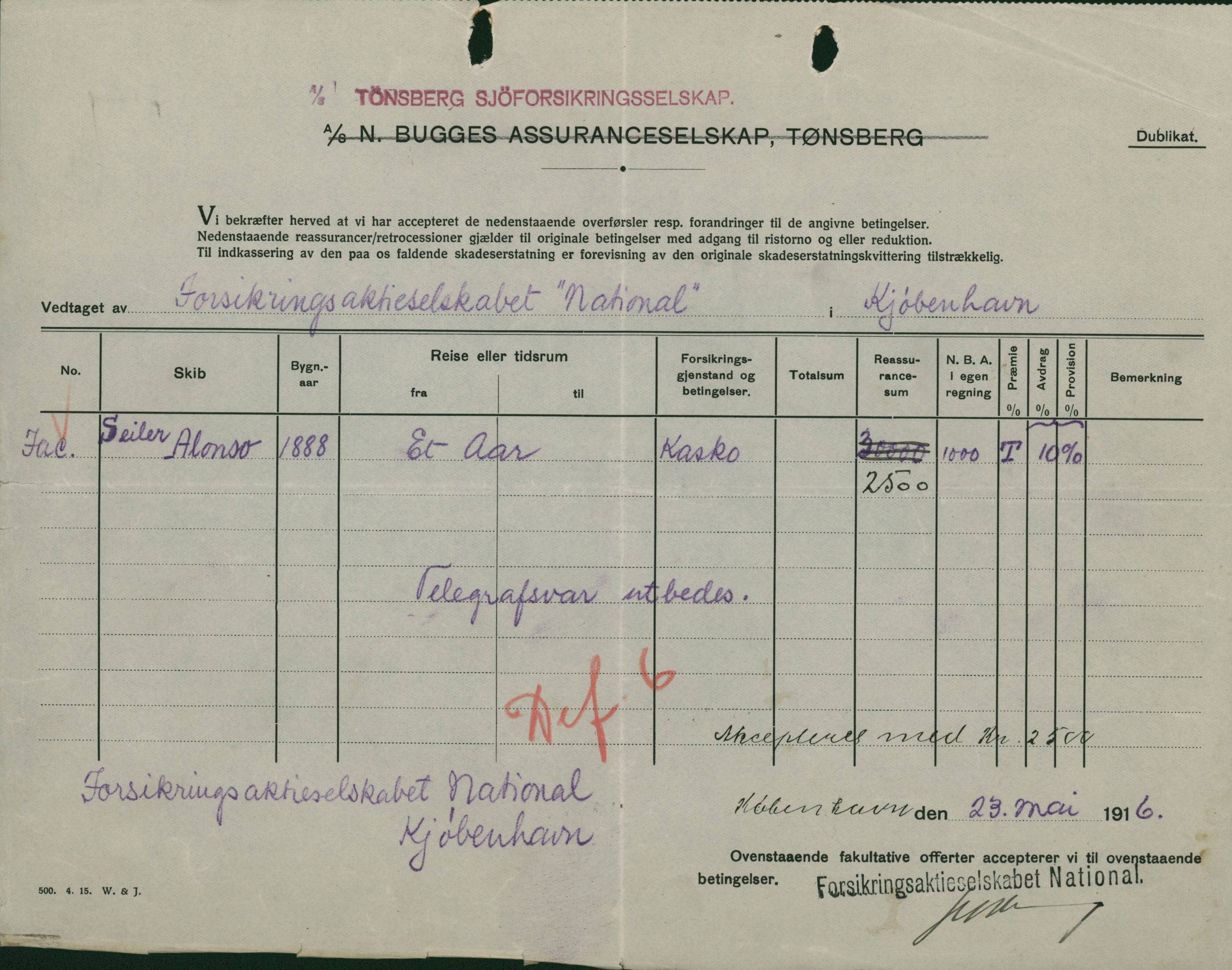 Pa 664 - Tønsberg Sjøforsikringsselskap, VEMU/A-1773/F/L0001: Forsikringspoliser, 1915-1918