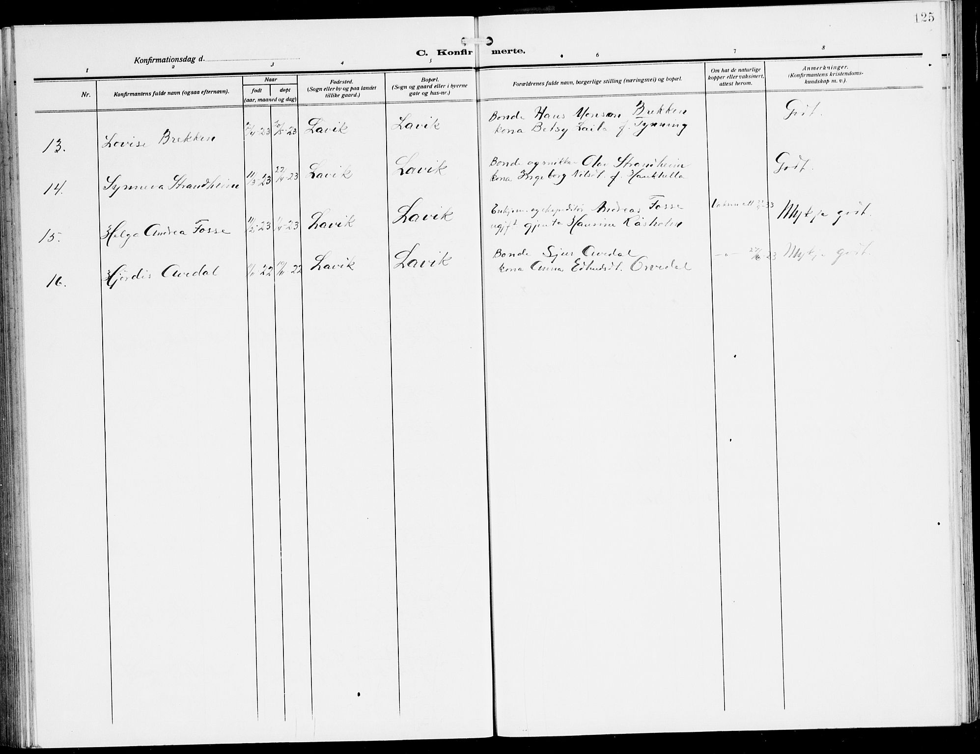 Lavik sokneprestembete, AV/SAB-A-80901: Klokkerbok nr. A 3, 1911-1942, s. 125