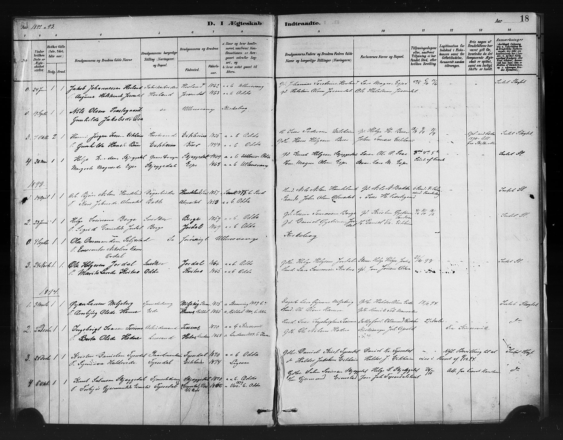 Odda Sokneprestembete, AV/SAB-A-77201/H/Haa: Ministerialbok nr. A 1, 1883-1919, s. 18