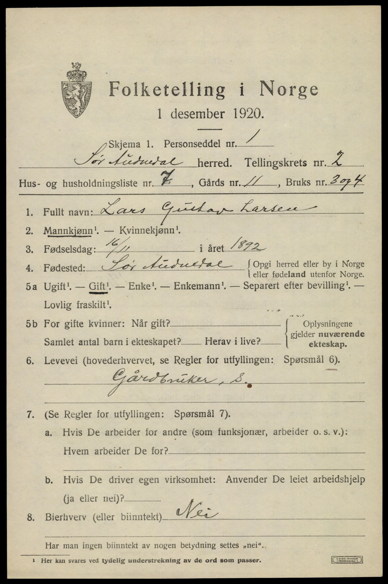 SAK, Folketelling 1920 for 1029 Sør-Audnedal herred, 1920, s. 1633