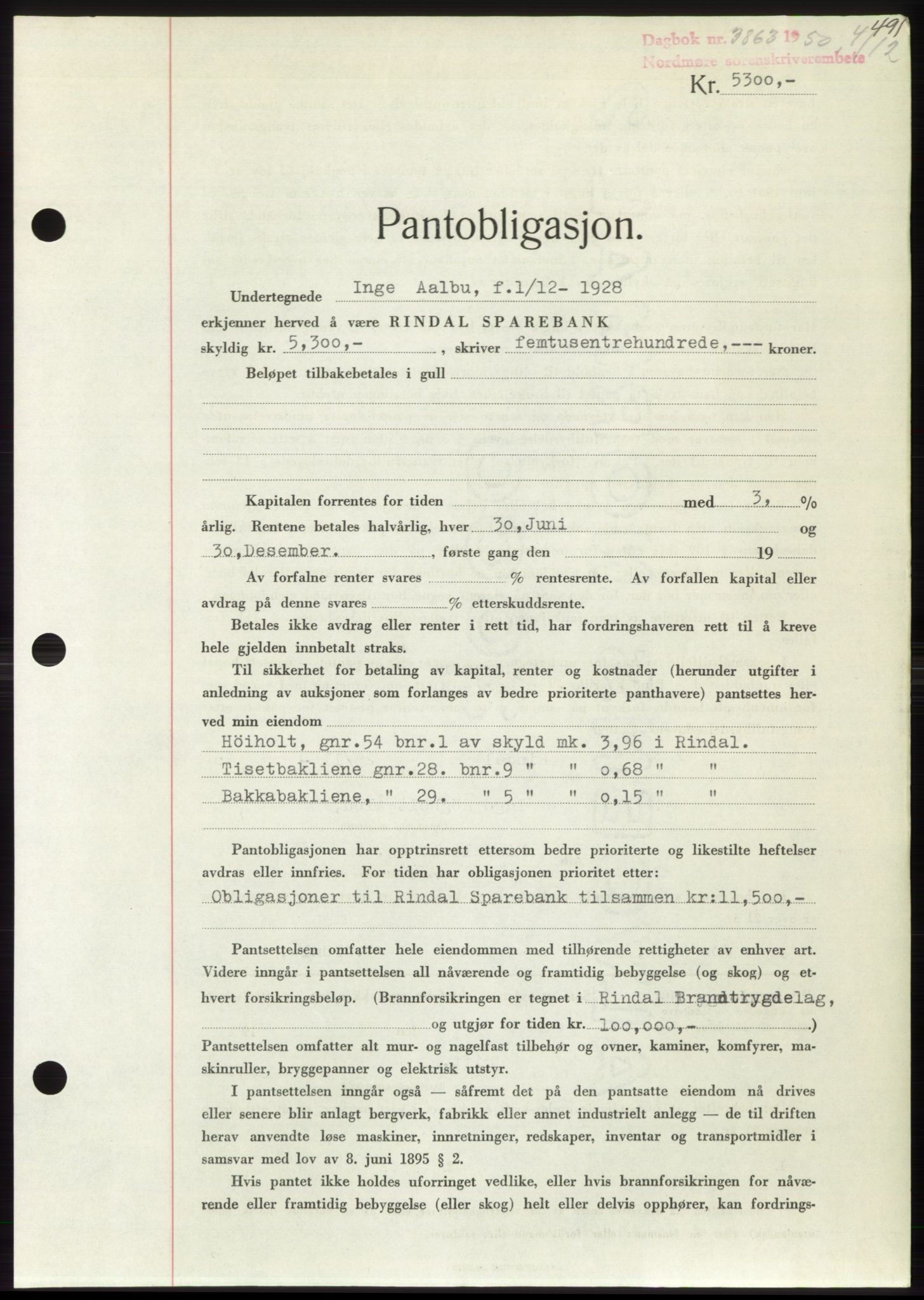 Nordmøre sorenskriveri, SAT/A-4132/1/2/2Ca: Pantebok nr. B106, 1950-1950, Dagboknr: 3863/1950