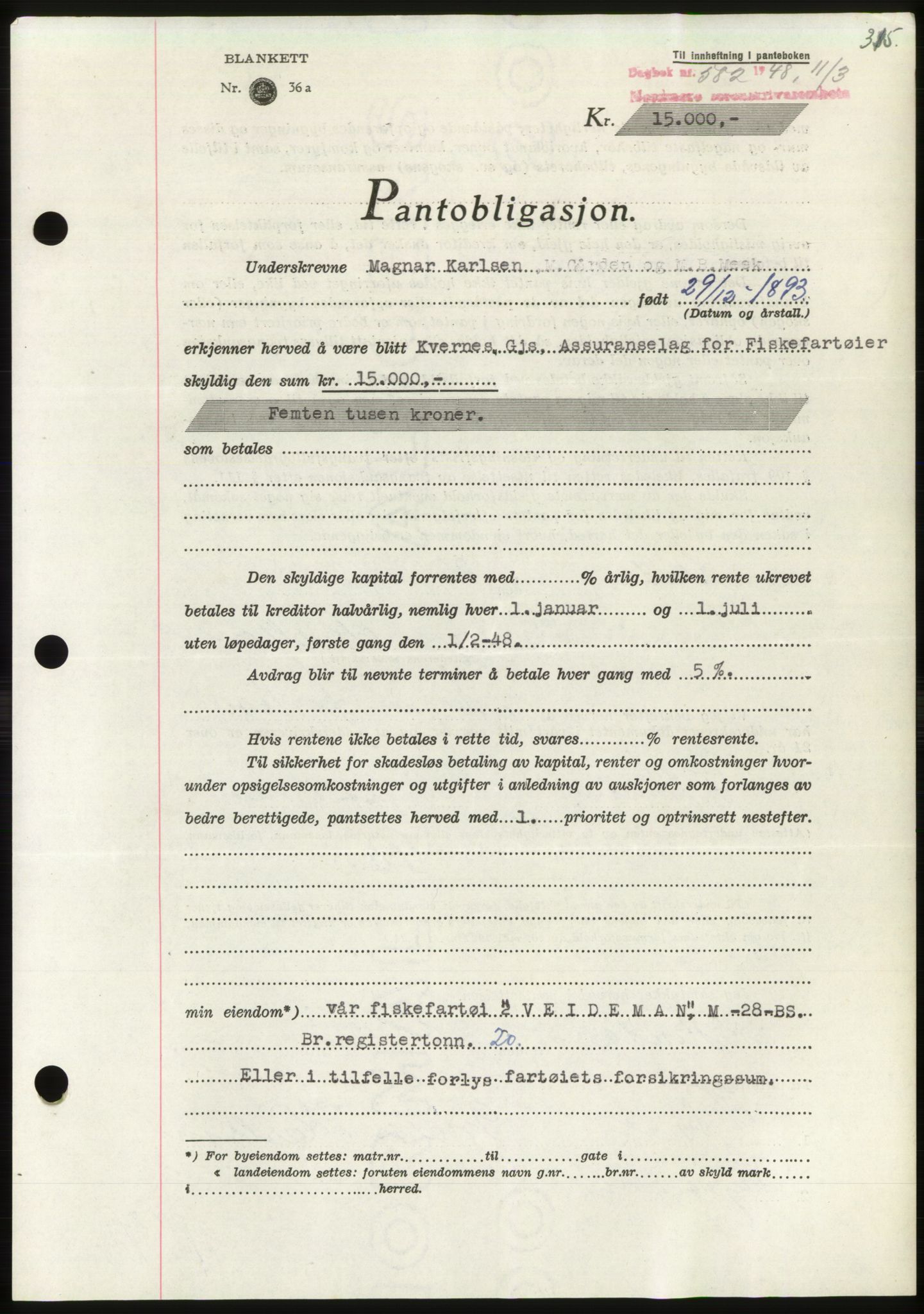 Nordmøre sorenskriveri, SAT/A-4132/1/2/2Ca: Pantebok nr. B98, 1948-1948, Dagboknr: 582/1948