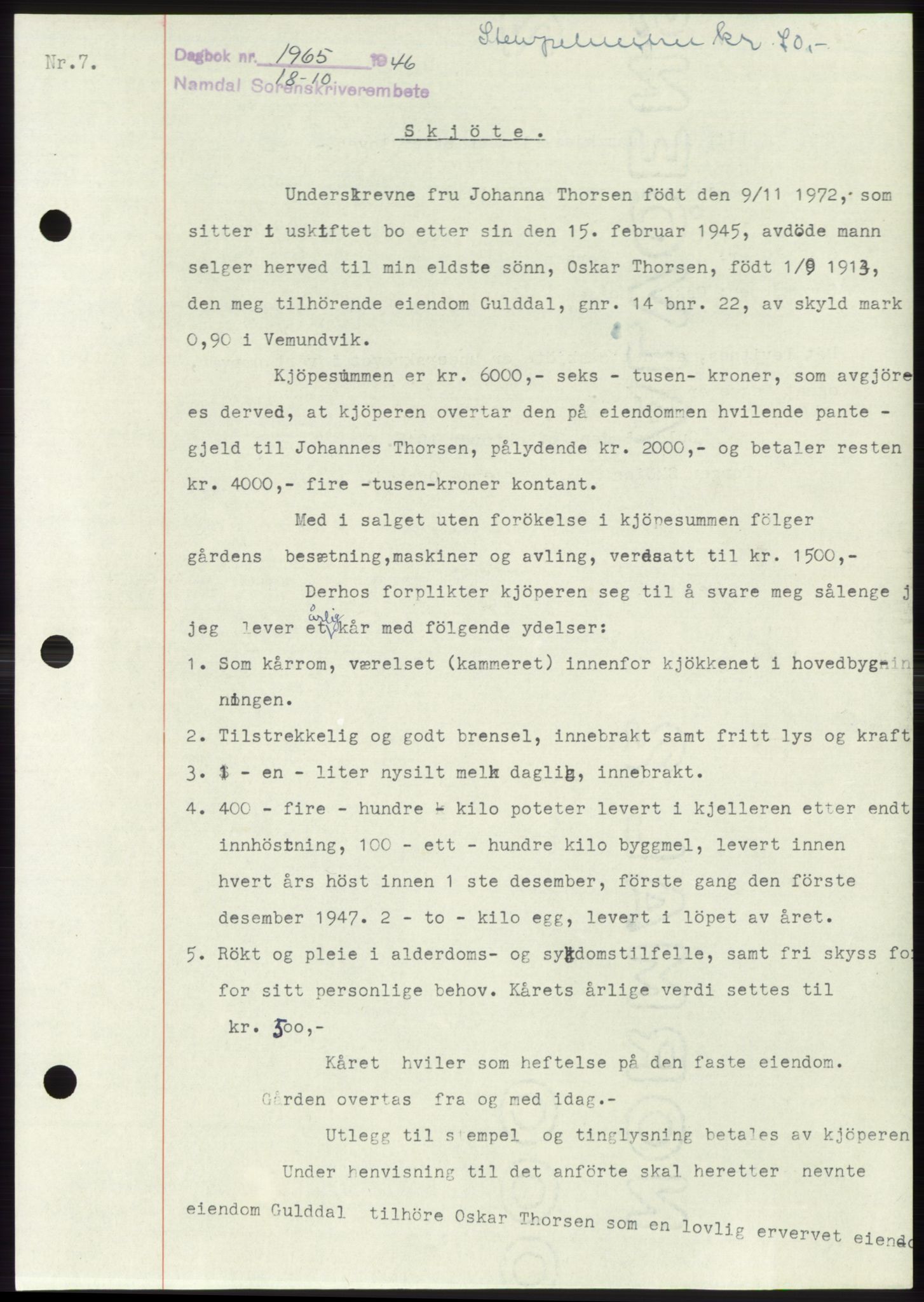 Namdal sorenskriveri, SAT/A-4133/1/2/2C: Pantebok nr. -, 1946-1947, Dagboknr: 1965/1946