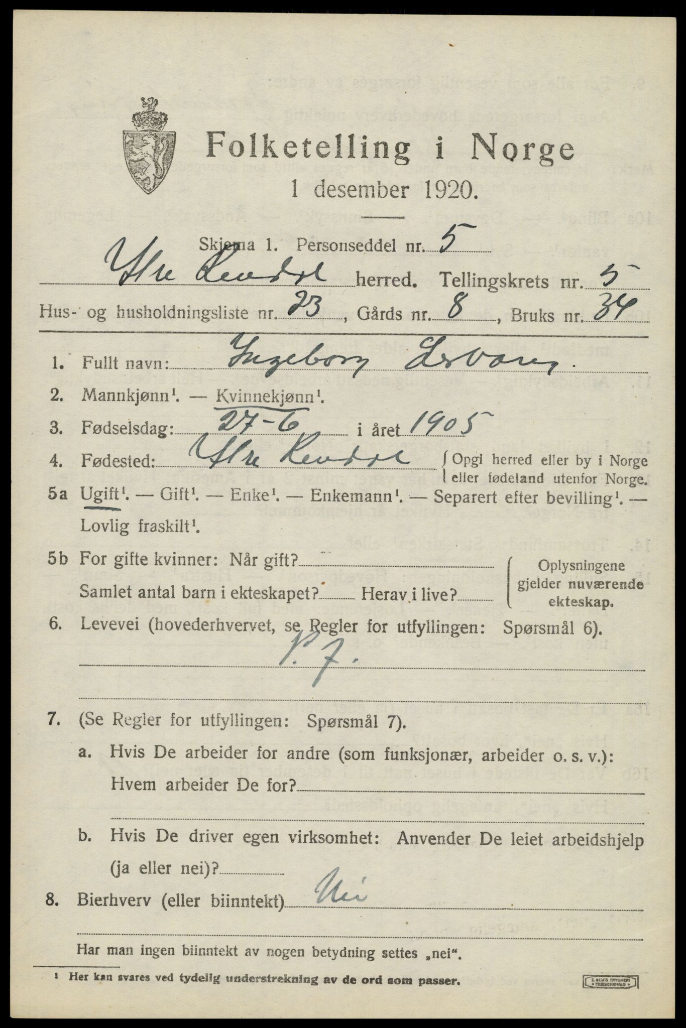 SAH, Folketelling 1920 for 0432 Ytre Rendal herred, 1920, s. 2903