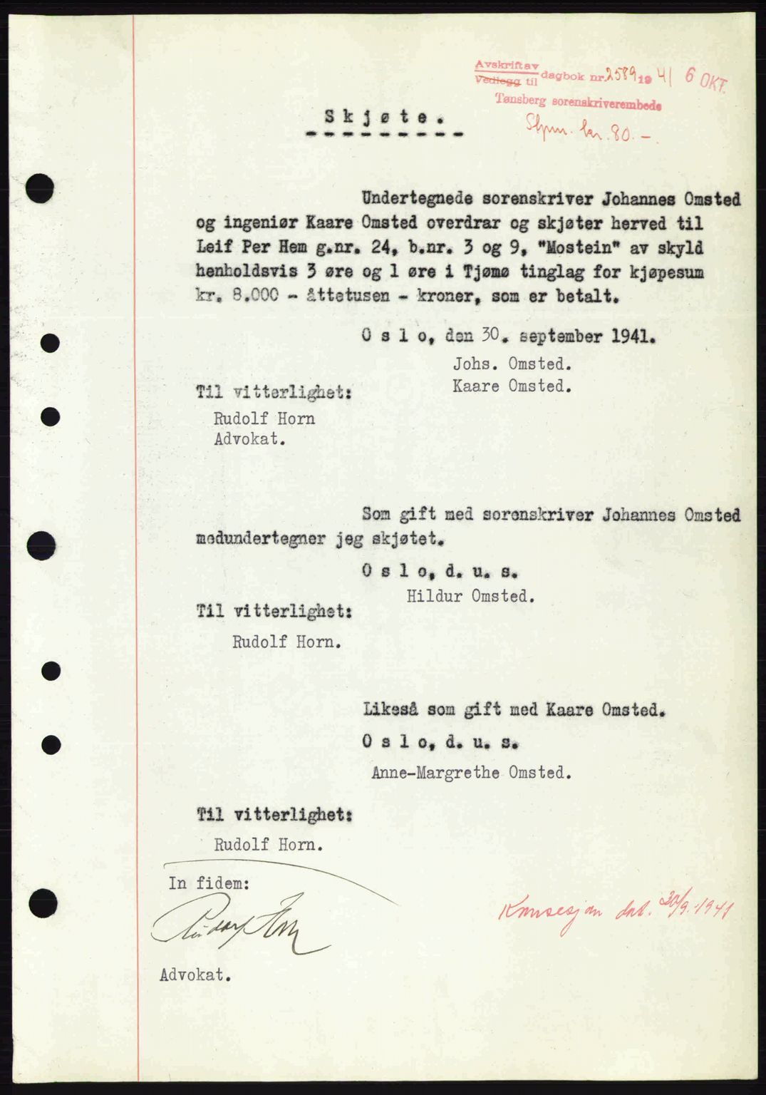 Tønsberg sorenskriveri, AV/SAKO-A-130/G/Ga/Gaa/L0010: Pantebok nr. A10, 1941-1941, Dagboknr: 2589/1941