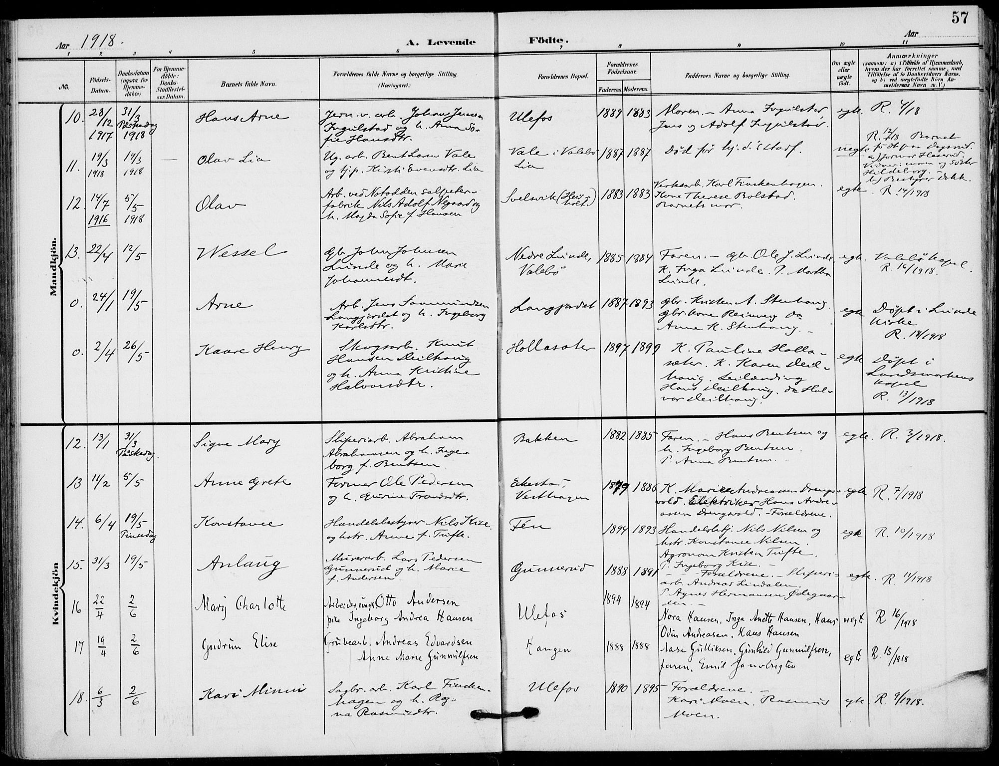 Holla kirkebøker, AV/SAKO-A-272/F/Fa/L0012: Ministerialbok nr. 12, 1907-1923, s. 57