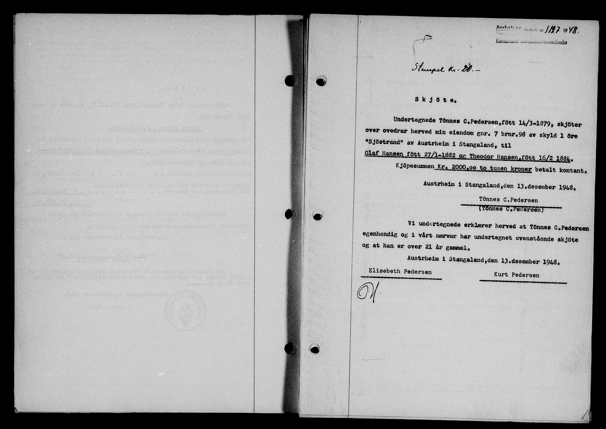 Karmsund sorenskriveri, SAST/A-100311/01/II/IIB/L0095: Pantebok nr. 75A, 1948-1949, Dagboknr: 3187/1948