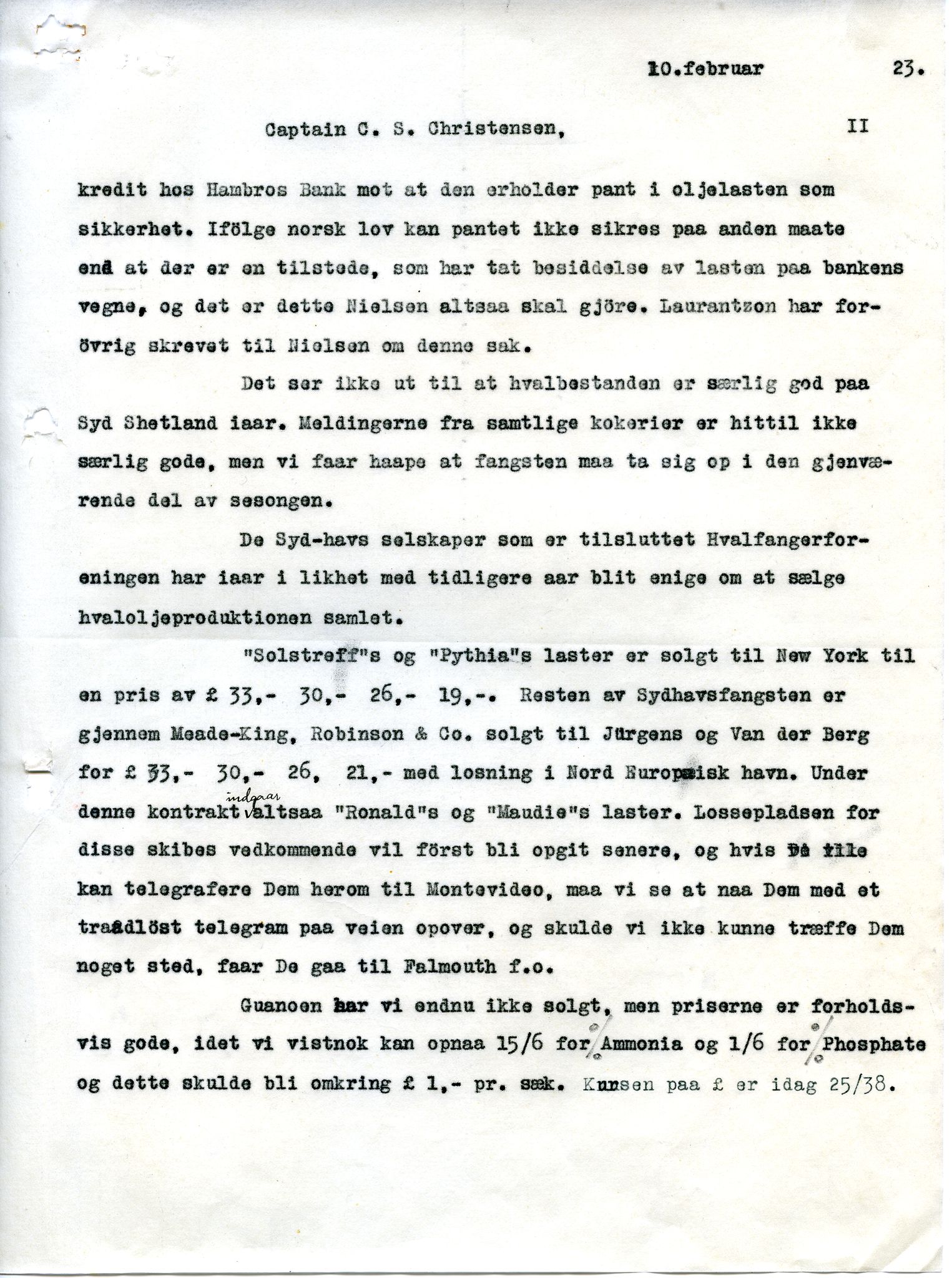 Pa 258 - N. Bugge AS, VEMU/A-1326/E/Ea/L0019/0005: Korrespondanse A - C / Kaptein C.S. Christensen SS Maudie, 1923-1924