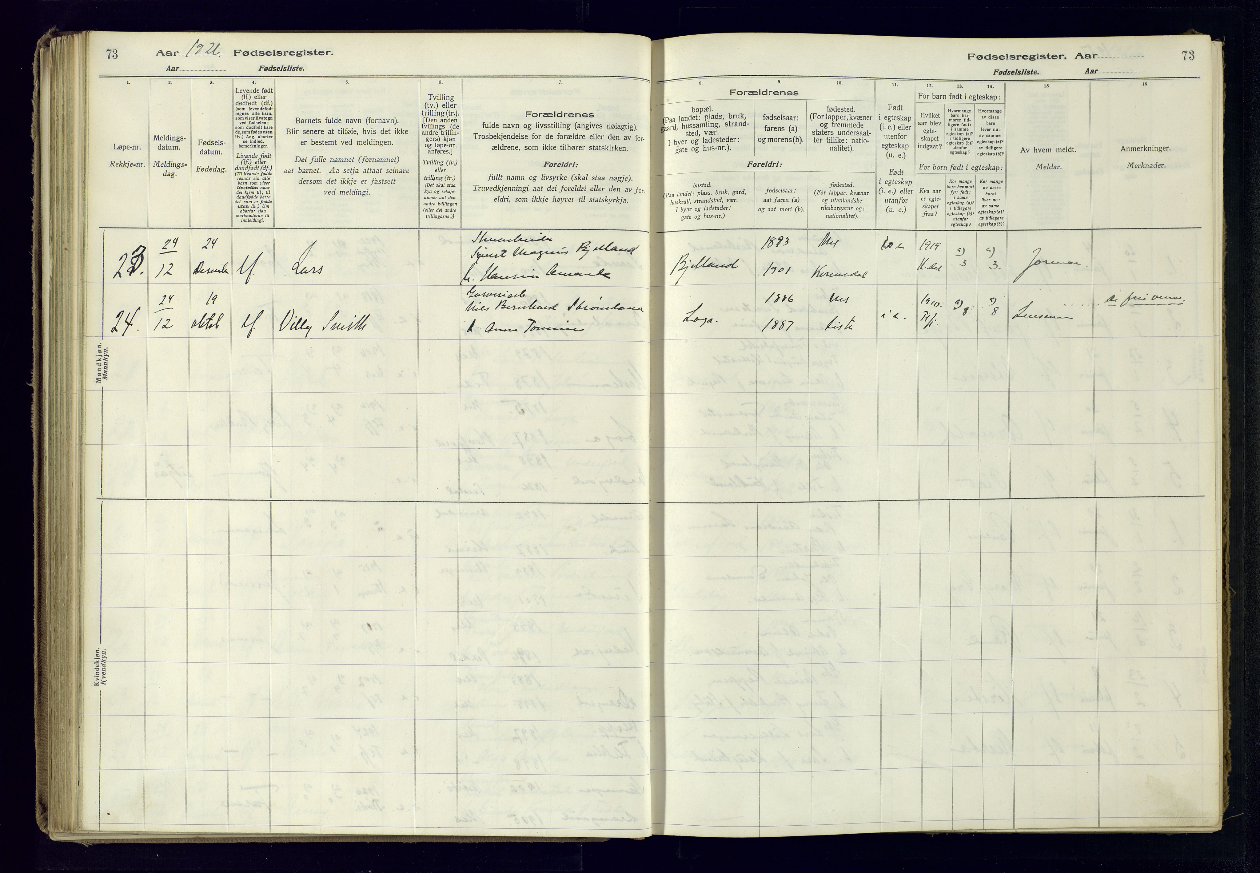 Flekkefjord sokneprestkontor, AV/SAK-1111-0012/J/Ja/L0005: Fødselsregister nr. 5, 1916-1950, s. 73