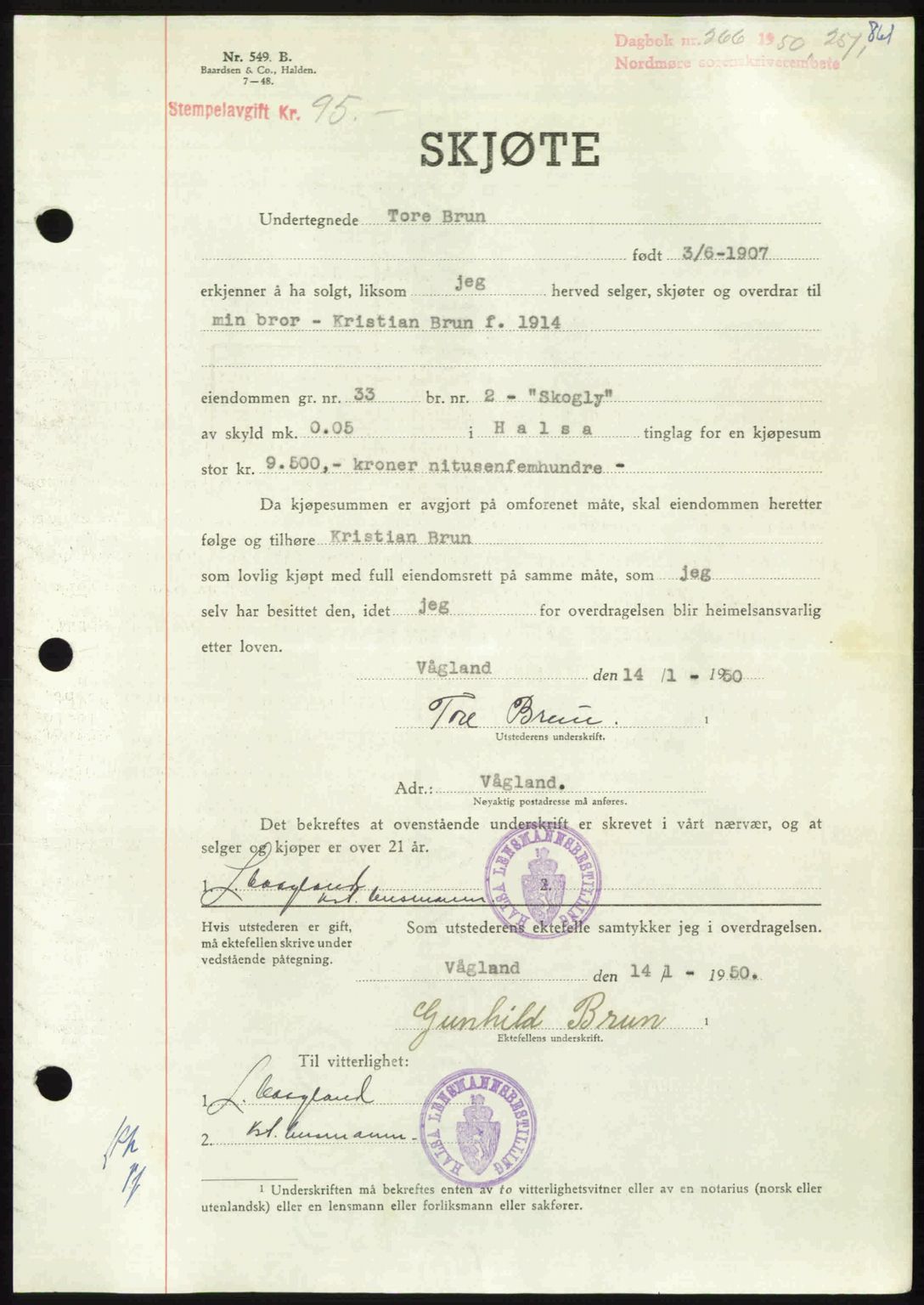 Nordmøre sorenskriveri, AV/SAT-A-4132/1/2/2Ca: Pantebok nr. A113, 1949-1950, Dagboknr: 266/1950