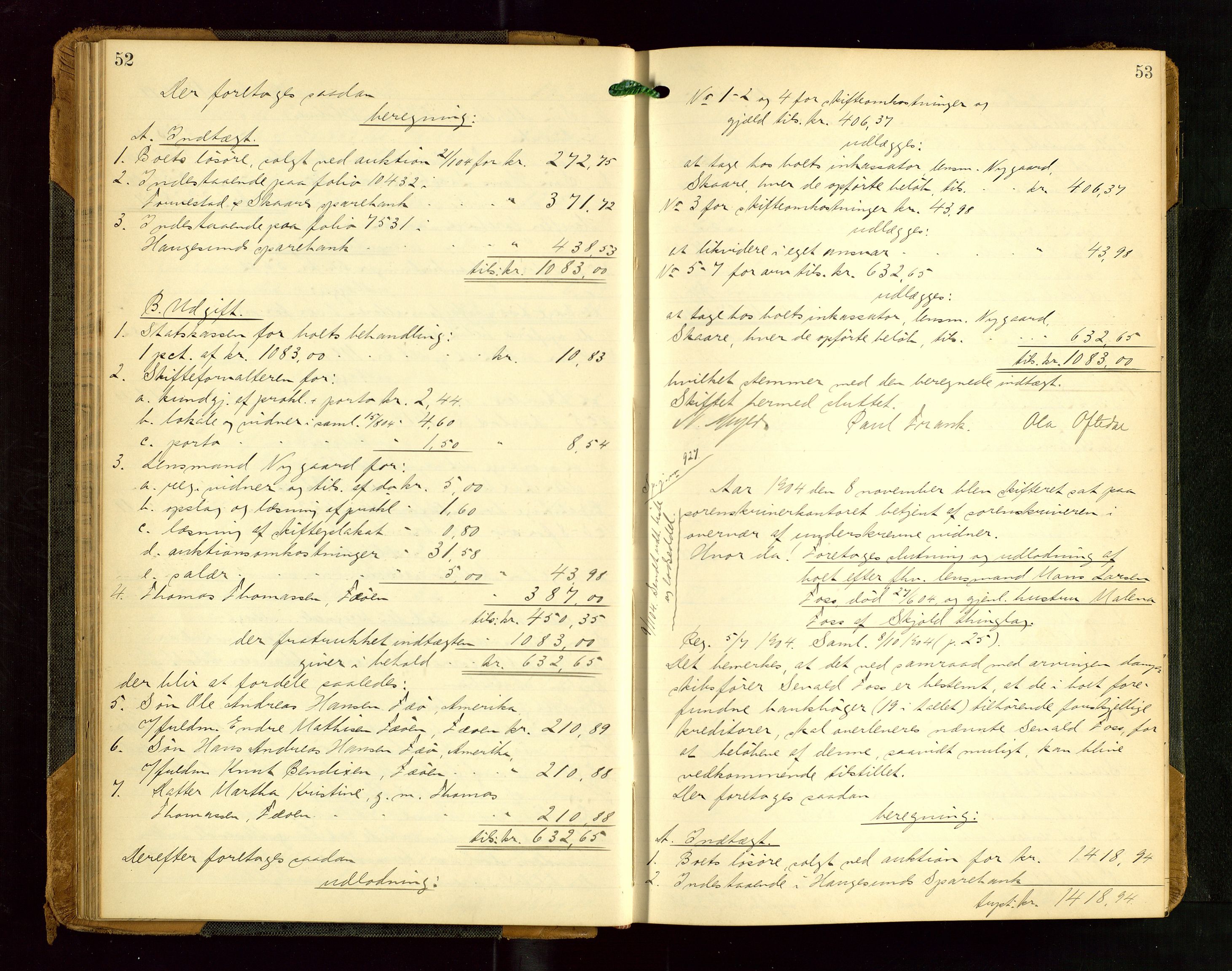 Karmsund sorenskriveri, AV/SAST-A-100311/01/IV/IVGB/L0001: SKIFTEUTLODNINGSPROTOKOLL, 1904-1911, s. 52-53