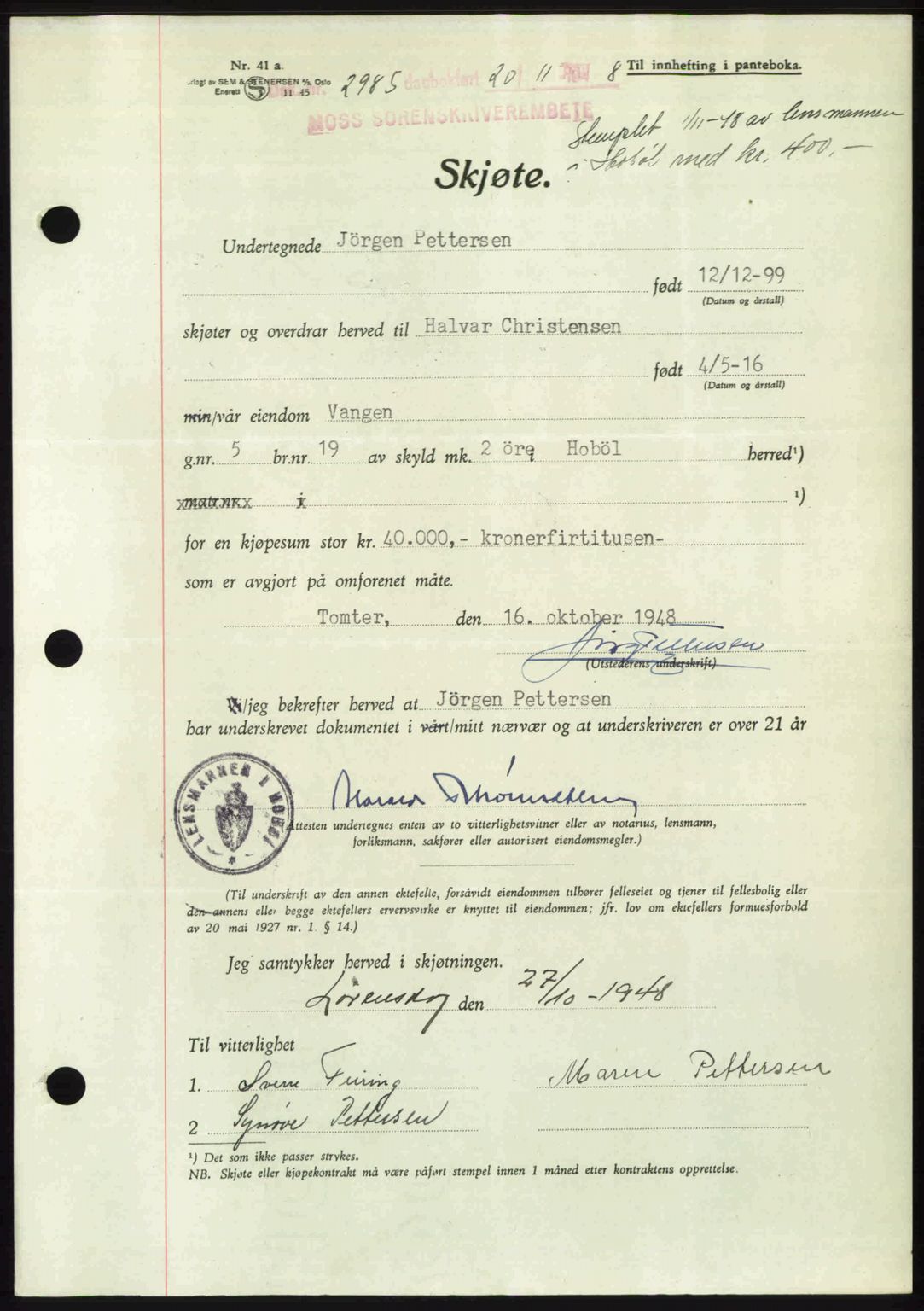 Moss sorenskriveri, SAO/A-10168: Pantebok nr. A20, 1948-1948, Dagboknr: 2985/1948