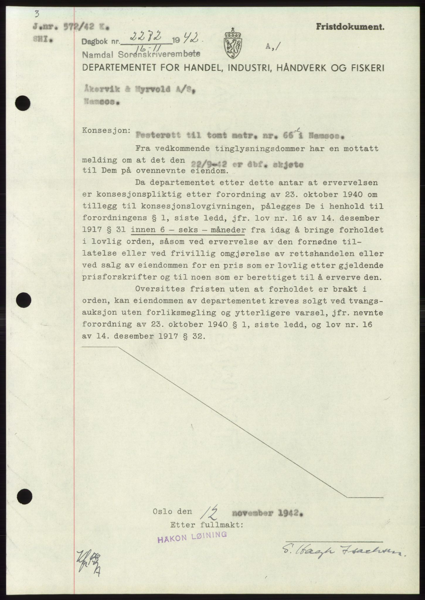 Namdal sorenskriveri, SAT/A-4133/1/2/2C: Pantebok nr. -, 1942-1943, Dagboknr: 2272/1942