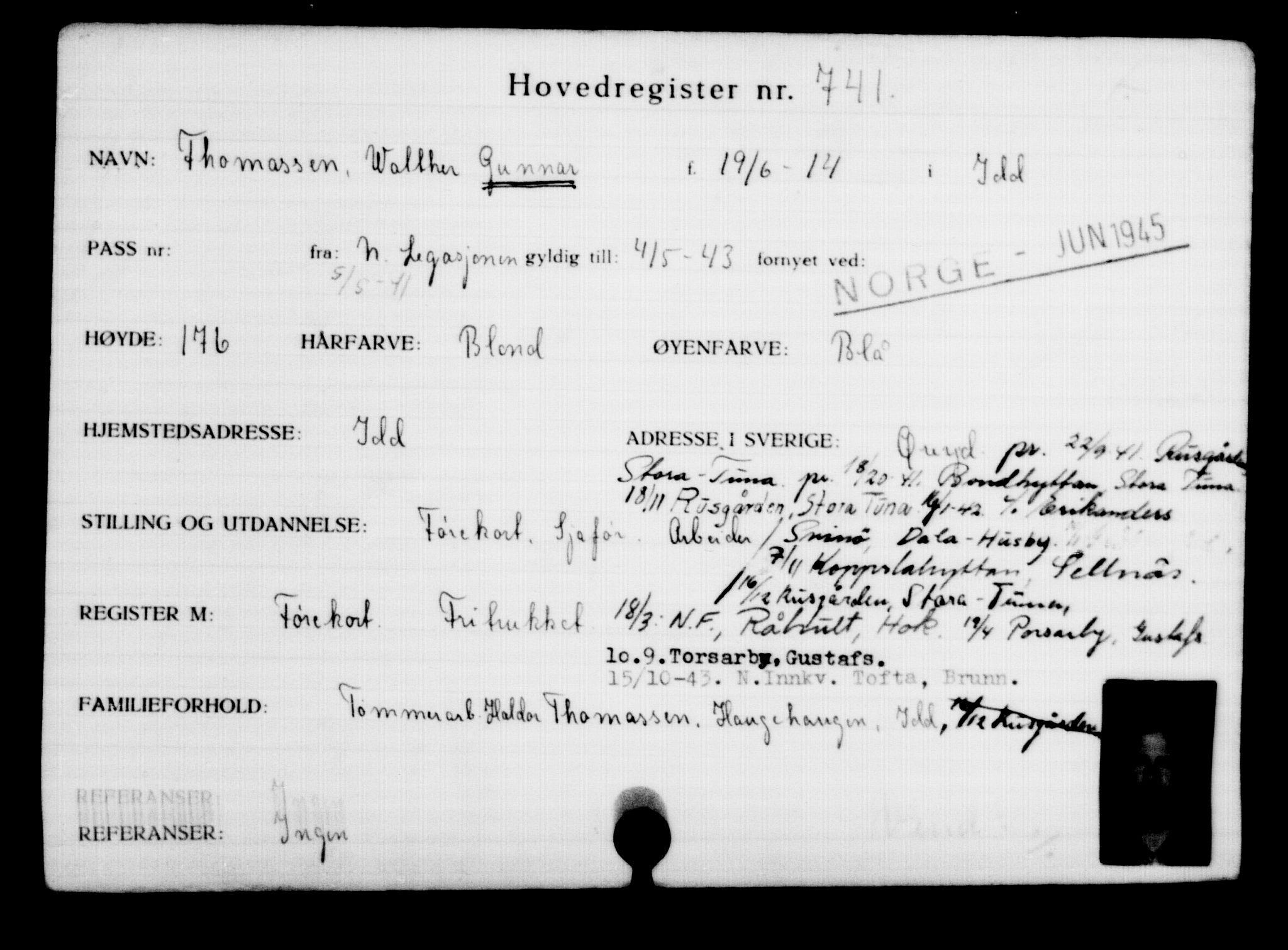 Utenriksstasjonene, Legasjonen i Stockholm, Flyktningkontoret, AV/RA-S-6753/V/Va/L0001: Kjesäterkartoteket, flyktninger med registreringsnr. 1-1000, 1940-1945, s. 1164