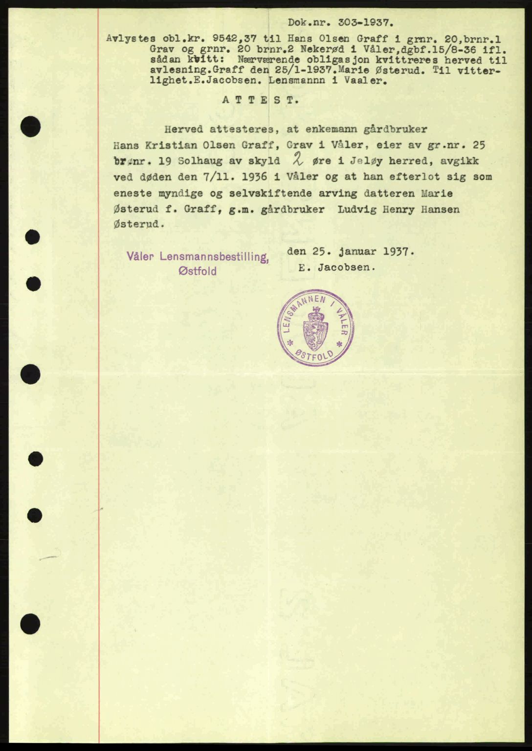 Moss sorenskriveri, SAO/A-10168: Pantebok nr. B3, 1937-1937, Dagboknr: 303/1937