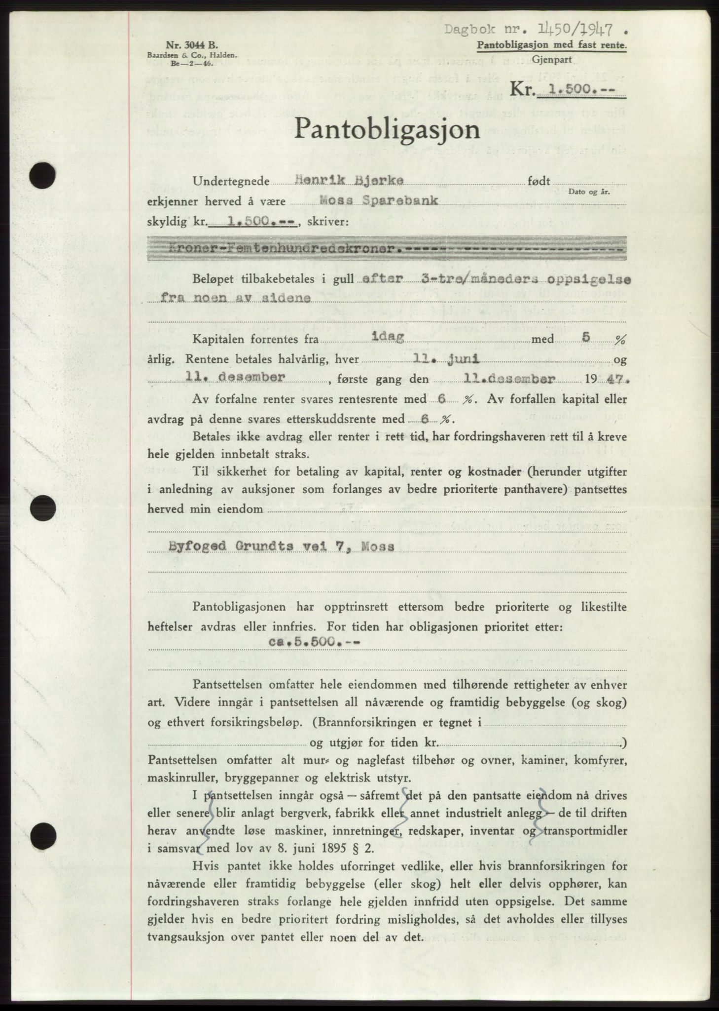 Moss sorenskriveri, SAO/A-10168: Pantebok nr. B17, 1947-1947, Dagboknr: 1450/1947