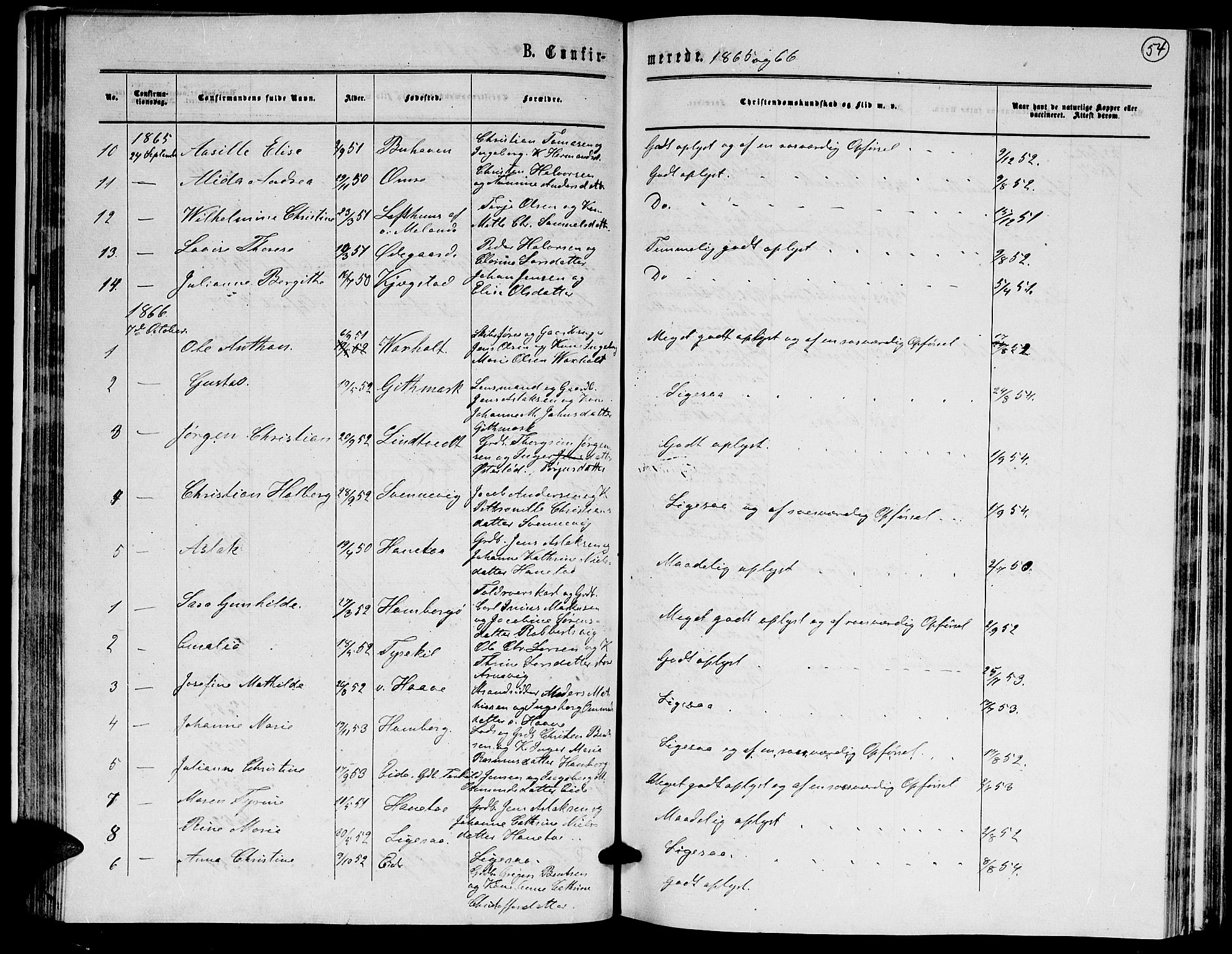 Hommedal sokneprestkontor, AV/SAK-1111-0023/F/Fb/Fba/L0003: Klokkerbok nr. B 3, 1863-1884, s. 54