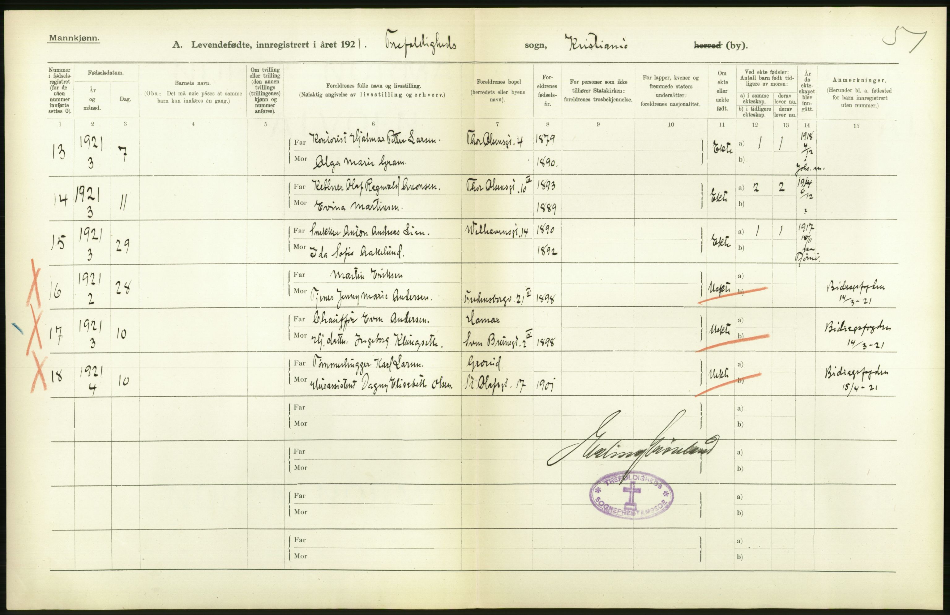 Statistisk sentralbyrå, Sosiodemografiske emner, Befolkning, RA/S-2228/D/Df/Dfc/Dfca/L0009: Kristiania: Levendefødte menn og kvinner., 1921, s. 432