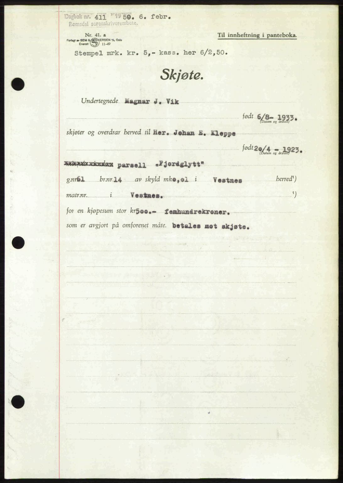 Romsdal sorenskriveri, SAT/A-4149/1/2/2C: Pantebok nr. A32, 1950-1950, Dagboknr: 411/1950
