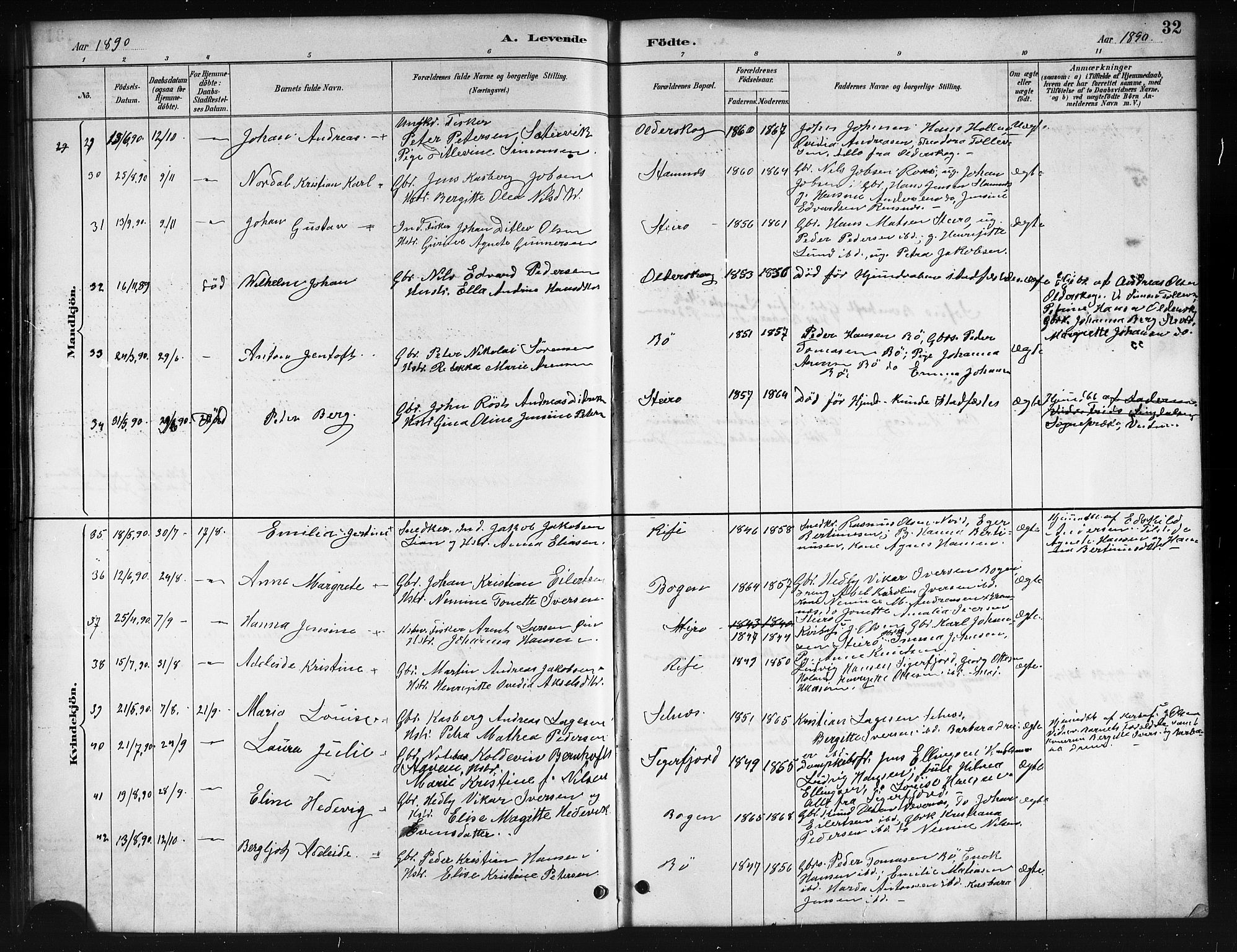 Ministerialprotokoller, klokkerbøker og fødselsregistre - Nordland, AV/SAT-A-1459/895/L1382: Klokkerbok nr. 895C04, 1885-1896, s. 32