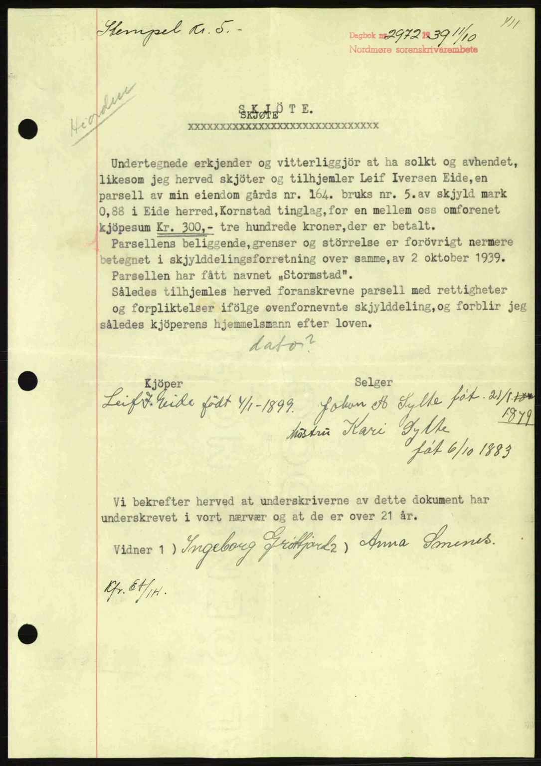 Nordmøre sorenskriveri, SAT/A-4132/1/2/2Ca: Pantebok nr. A87, 1939-1940, Dagboknr: 2972/1939