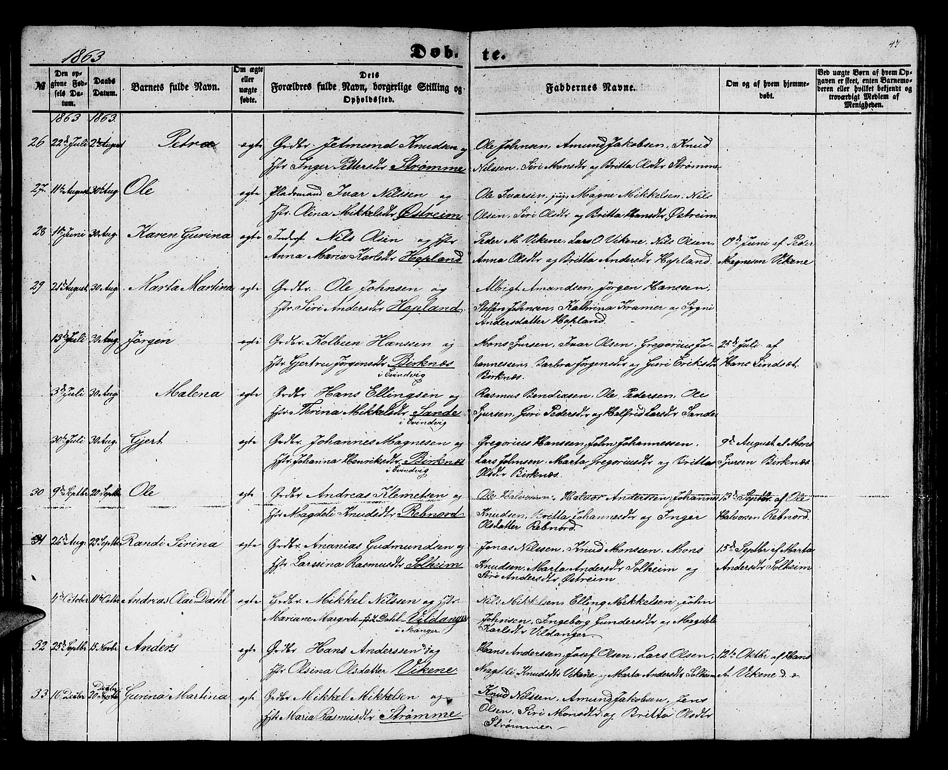 Lindås Sokneprestembete, AV/SAB-A-76701/H/Hab/Habc/L0001: Klokkerbok nr. C 1, 1853-1867, s. 47