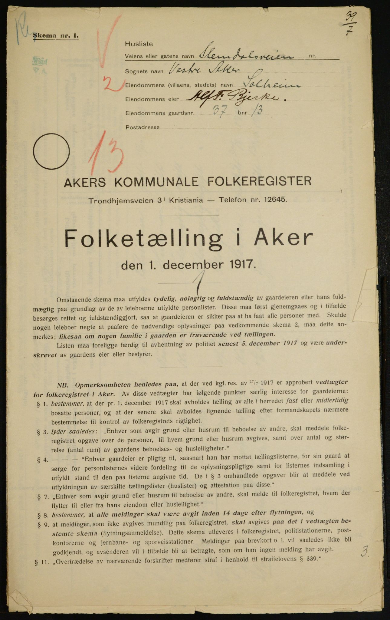 OBA, Kommunal folketelling 1.12.1917 for Aker, 1917, s. 9583