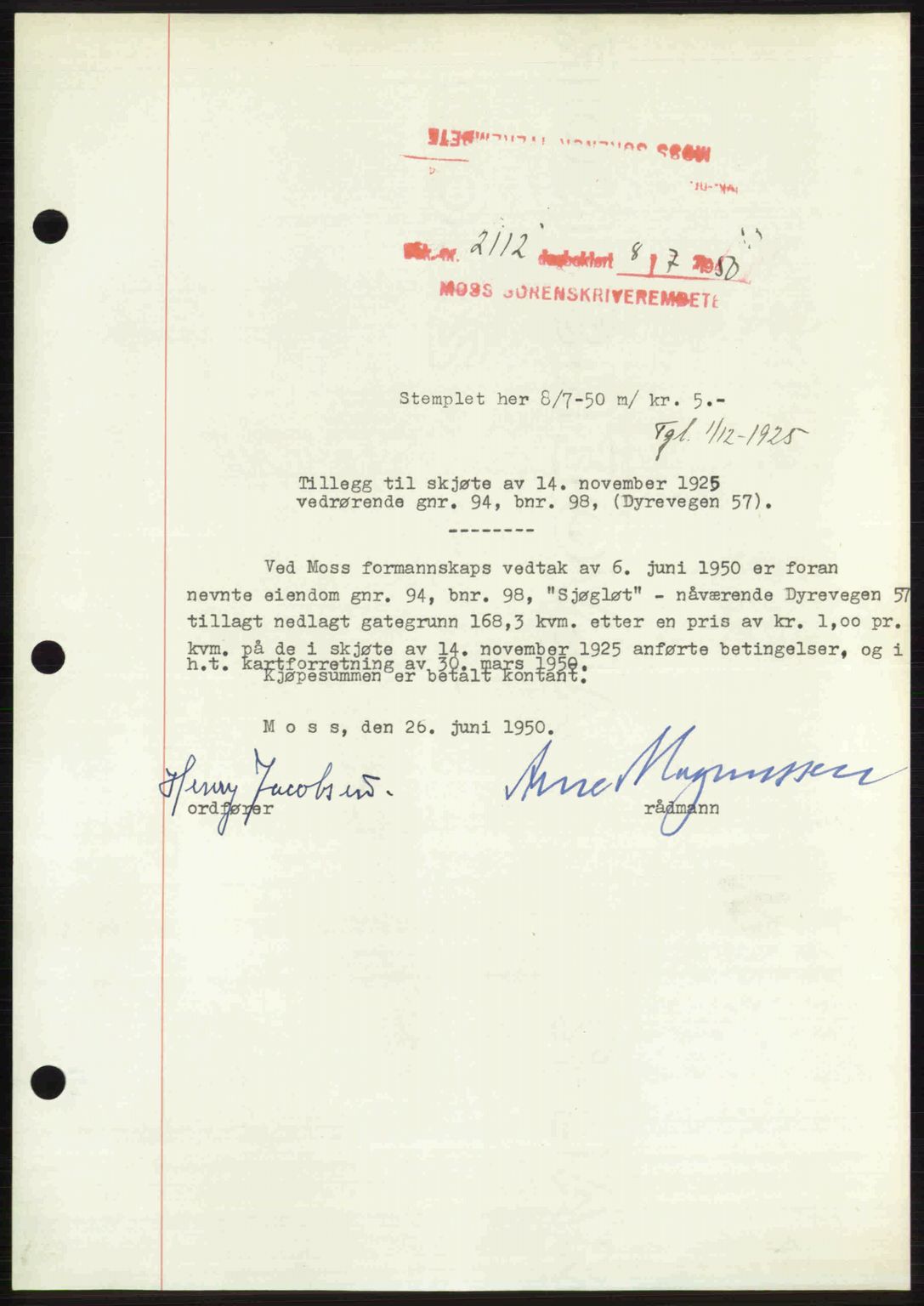 Moss sorenskriveri, SAO/A-10168: Pantebok nr. A26, 1950-1950, Dagboknr: 2112/1950