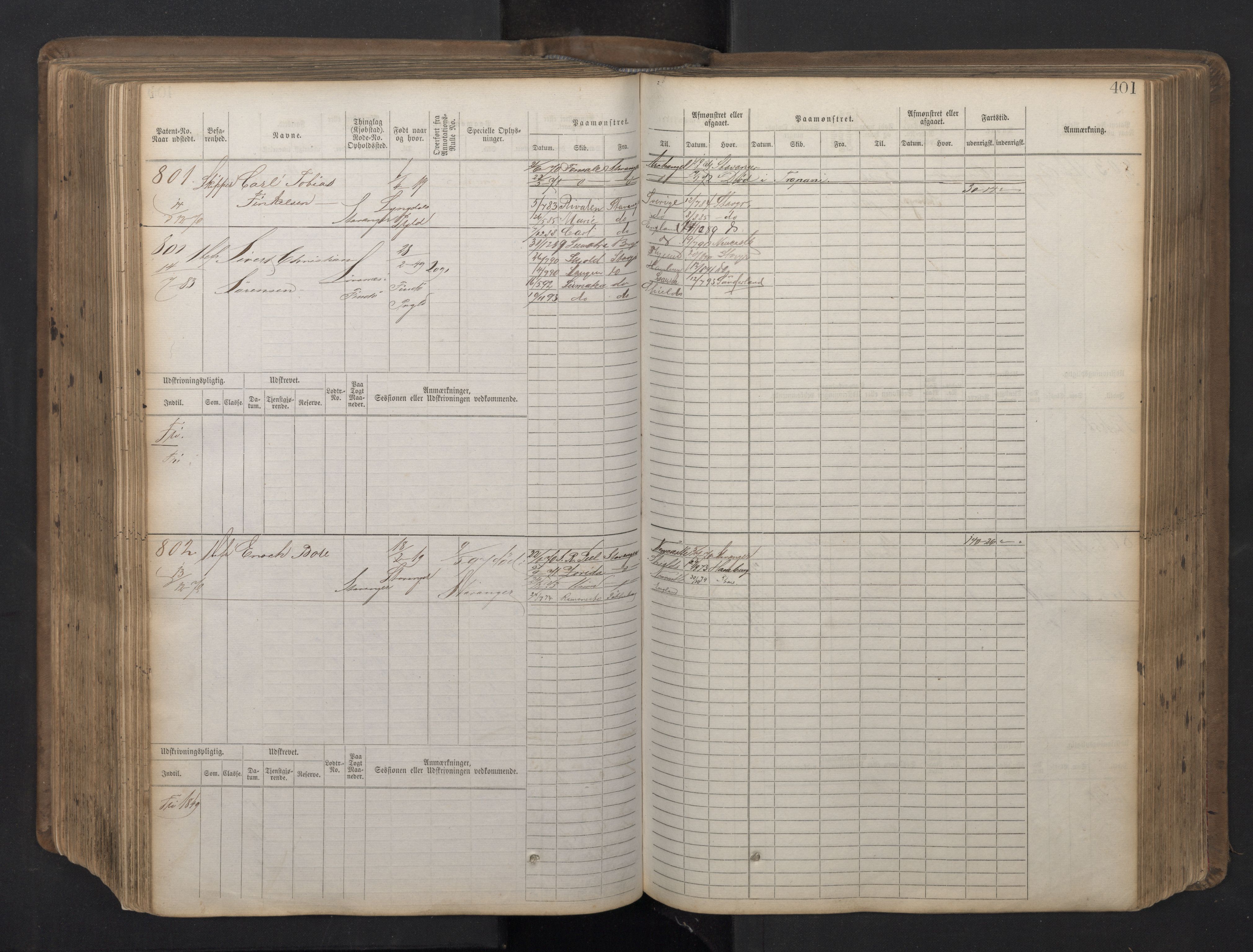 Stavanger sjømannskontor, AV/SAST-A-102006/F/Fb/Fbb/L0016: Sjøfartshovedrulle patnentnr. 1-1202 (dublett), 1869, s. 401