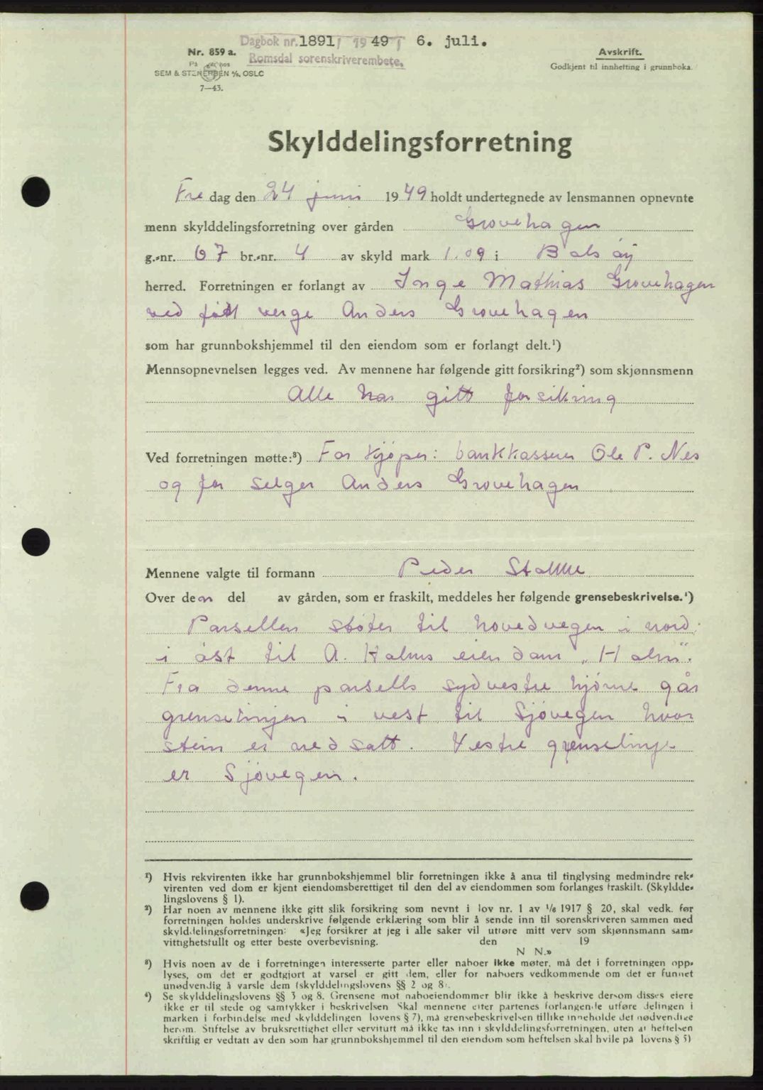Romsdal sorenskriveri, SAT/A-4149/1/2/2C: Pantebok nr. A30, 1949-1949, Dagboknr: 1891/1949
