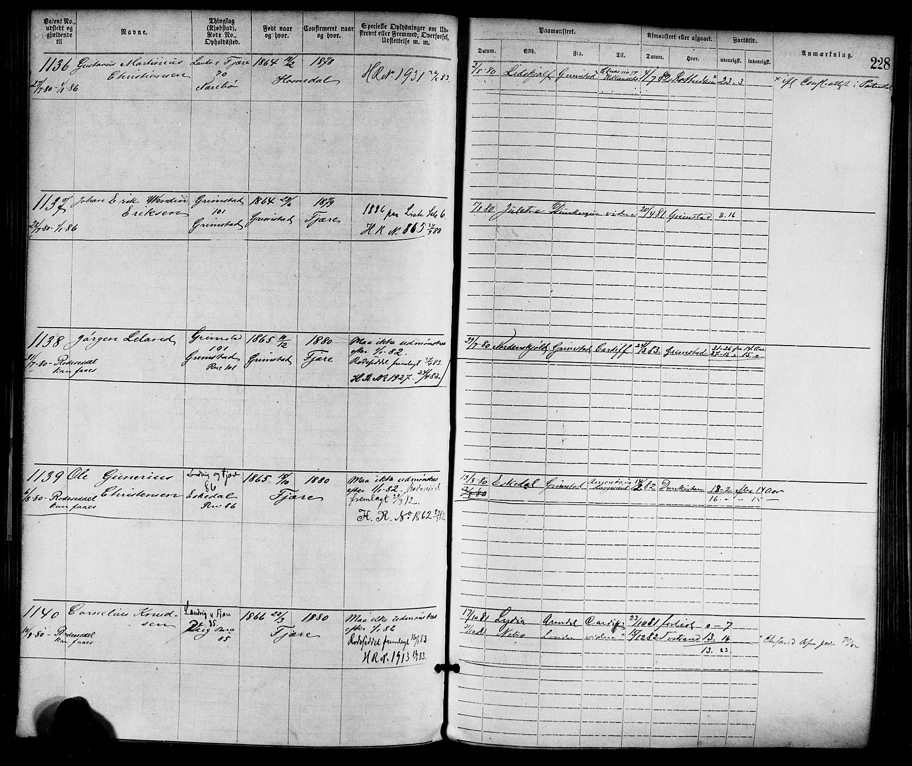 Grimstad mønstringskrets, SAK/2031-0013/F/Fa/L0001: Annotasjonsrulle nr 1-1920 med register, F-1, 1870-1892, s. 257