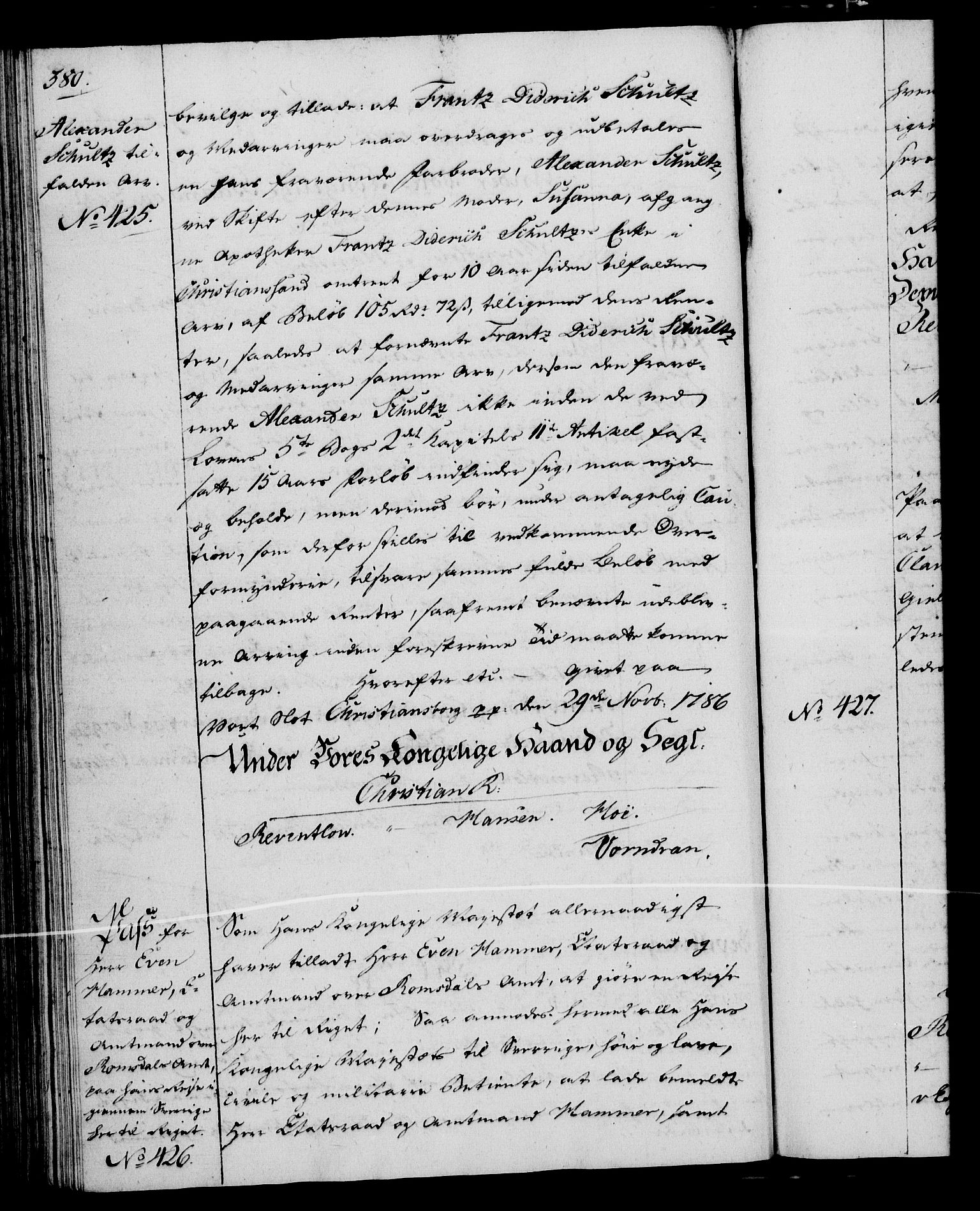 Rentekammeret, Kammerkanselliet, RA/EA-3111/G/Gg/Gga/L0013: Norsk ekspedisjonsprotokoll med register (merket RK 53.13), 1784-1787, s. 380