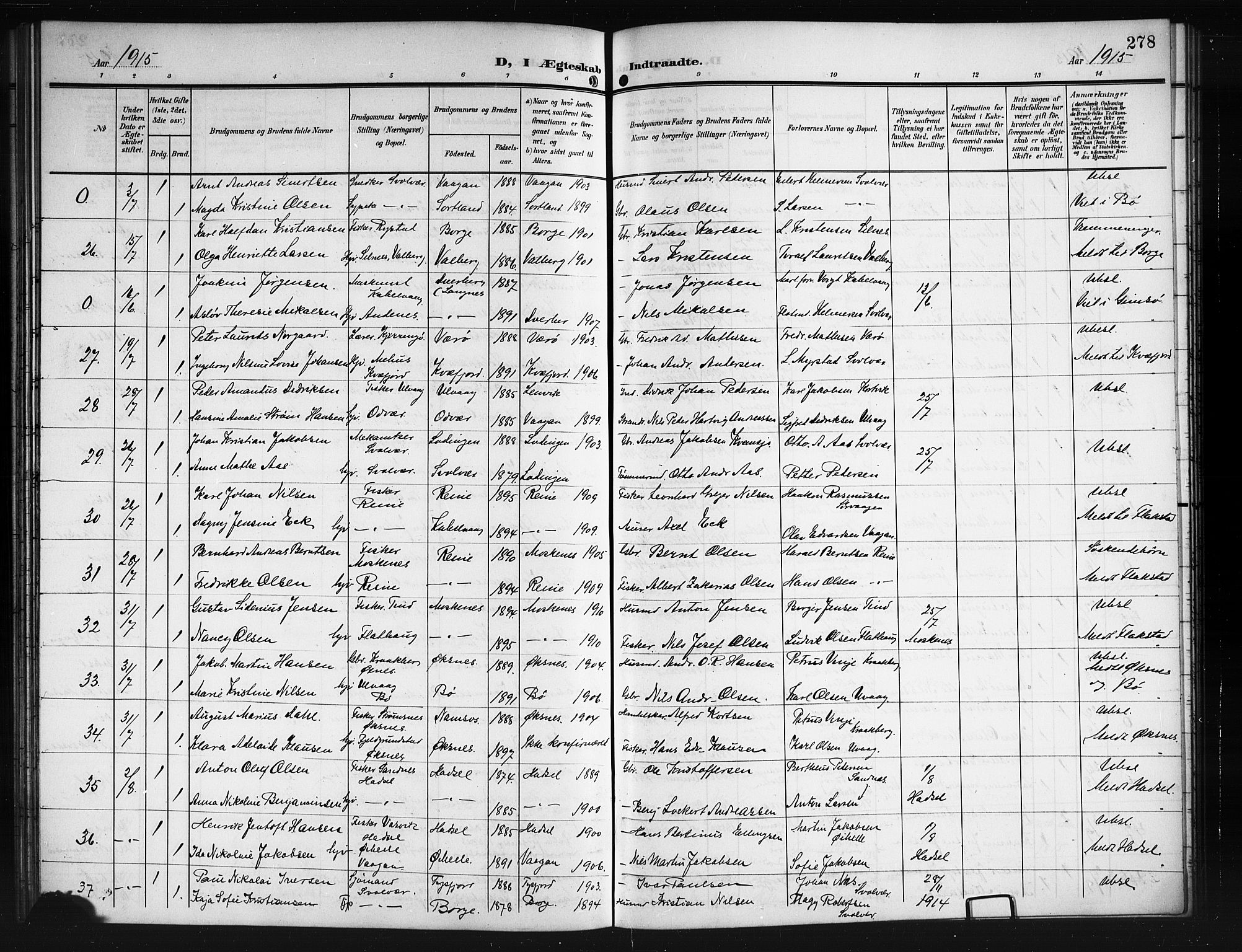 Ministerialprotokoller, klokkerbøker og fødselsregistre - Nordland, AV/SAT-A-1459/874/L1079: Klokkerbok nr. 874C08, 1907-1915, s. 278