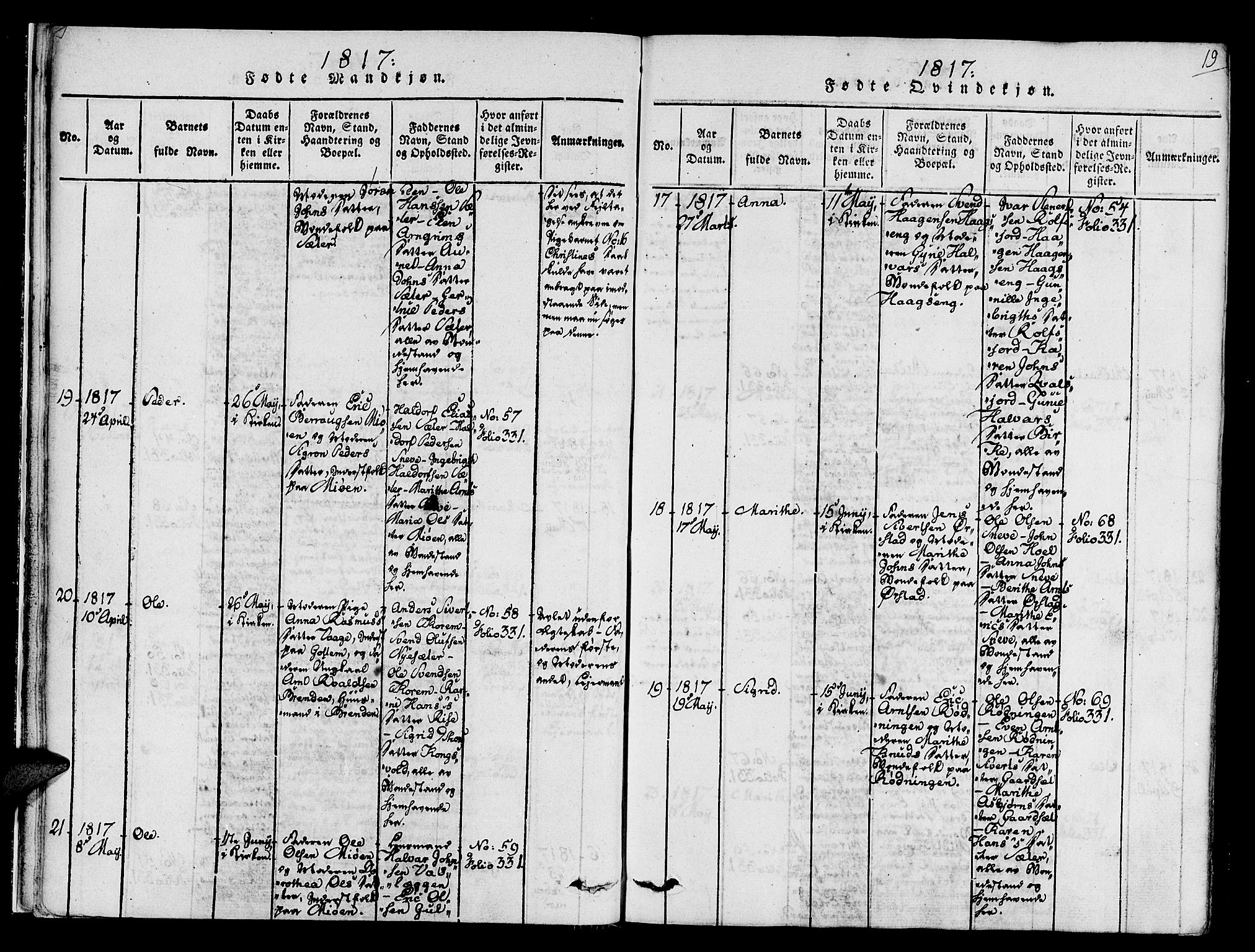 Ministerialprotokoller, klokkerbøker og fødselsregistre - Sør-Trøndelag, SAT/A-1456/678/L0895: Ministerialbok nr. 678A05 /1, 1816-1821, s. 19
